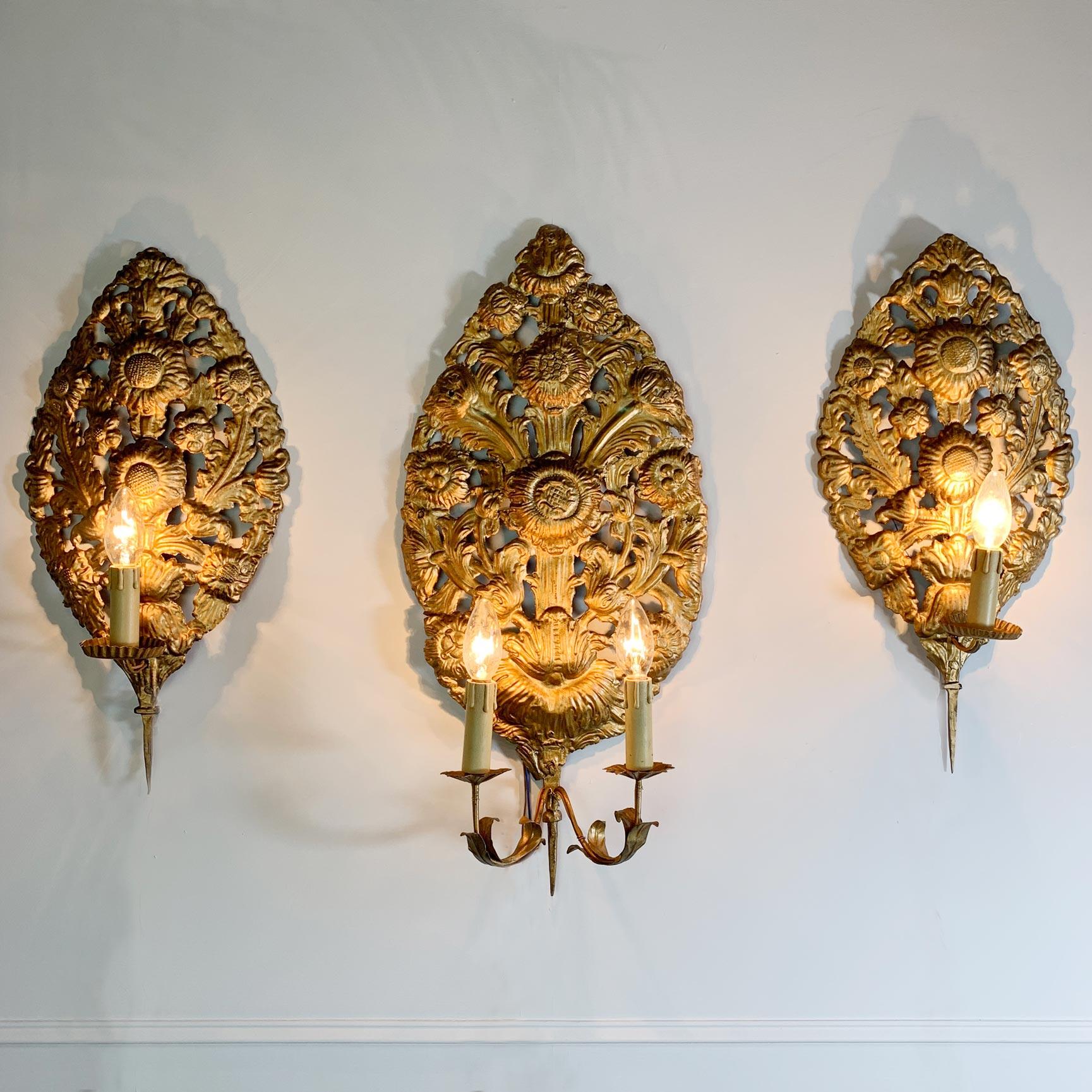 Hand-Crafted Set of 3 Gold Repousse Baroque Wall Sconces For Sale