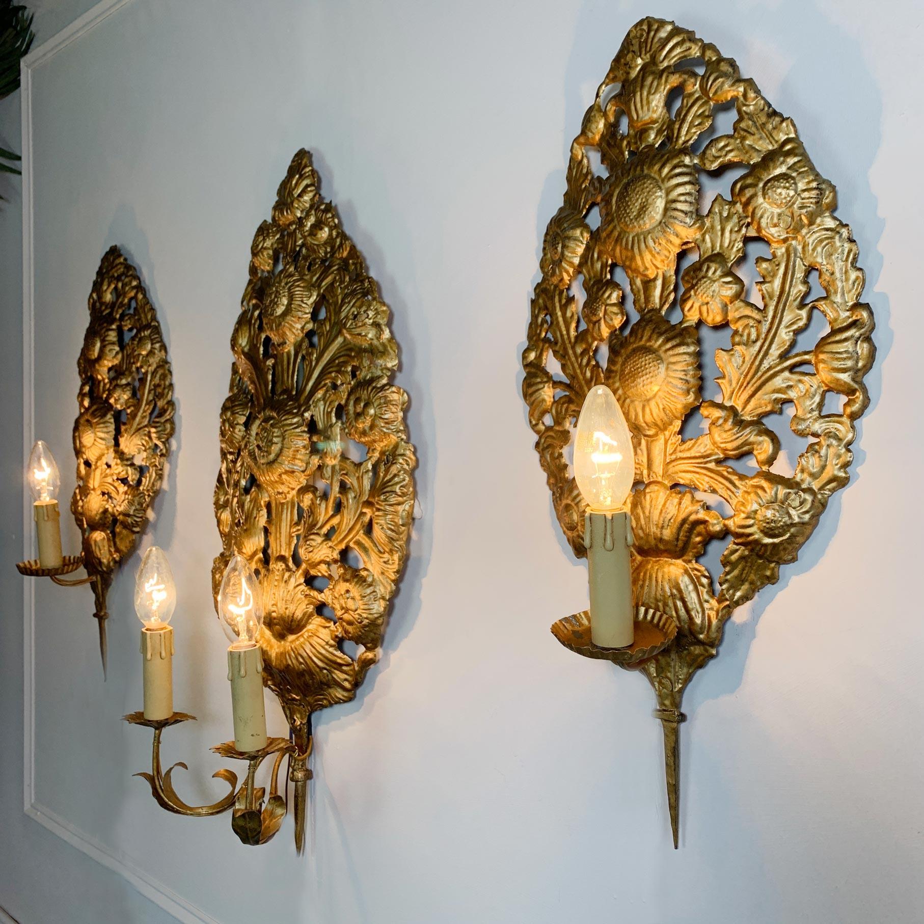 18th Century Set of 3 Gold Repousse Baroque Wall Sconces For Sale