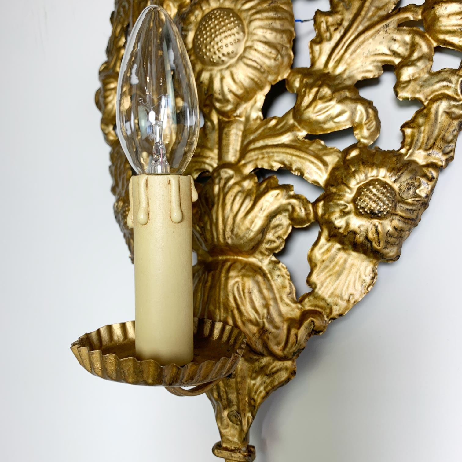 Brass Set of 3 Gold Repousse Baroque Wall Sconces For Sale