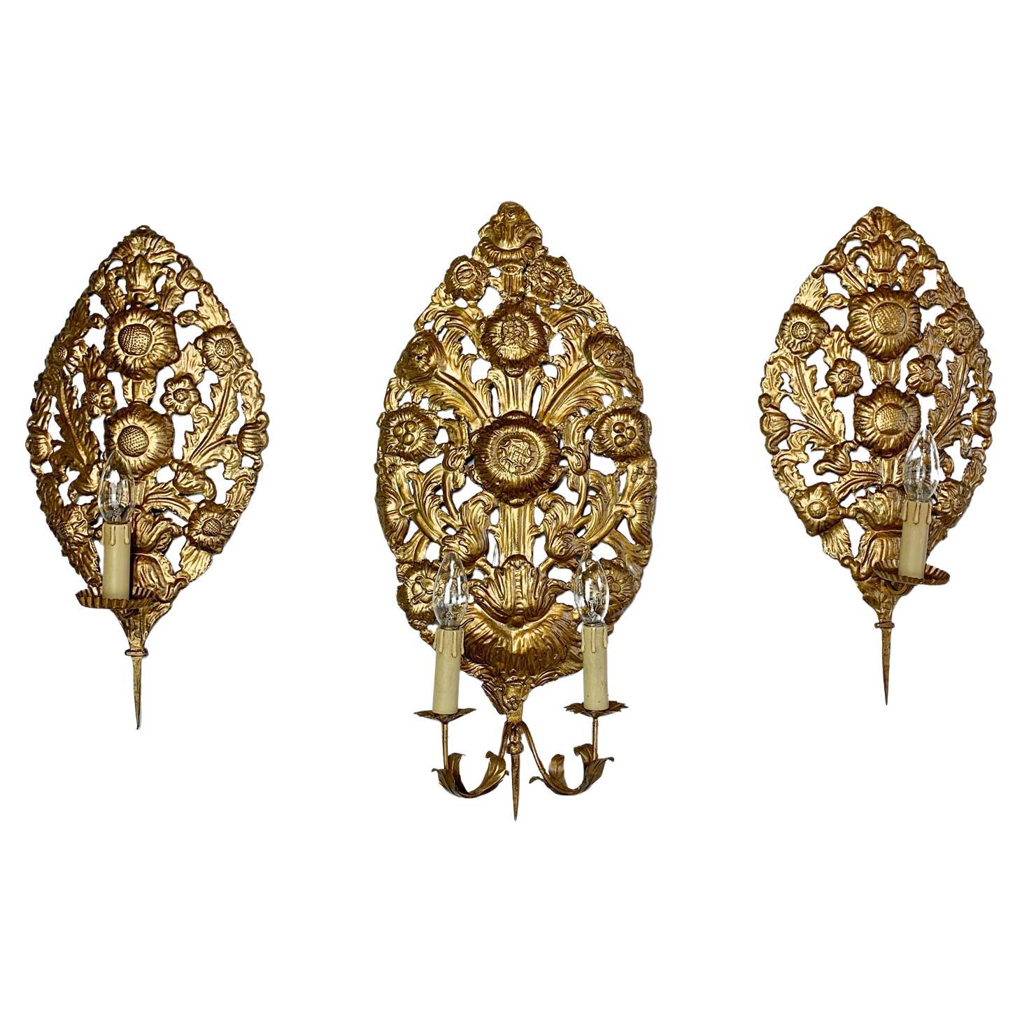 Set of 3 Gold Repousse Baroque Wall Sconces For Sale