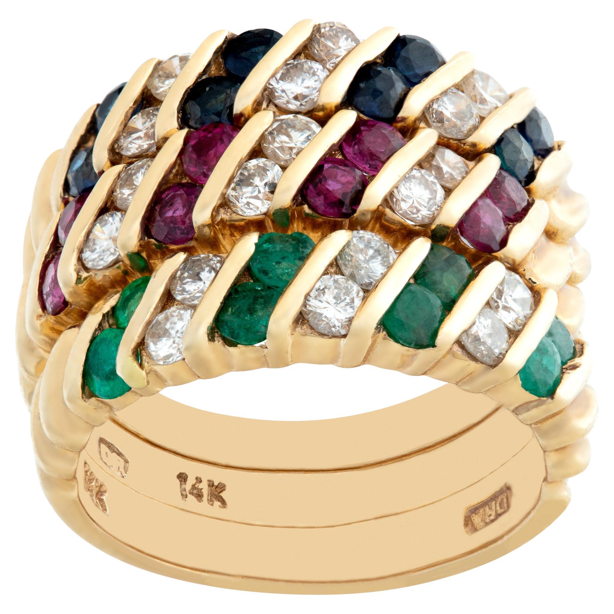 Set of 3 rings in yellow gold with diamonds sapphires, rubies, emeralds For Sale
