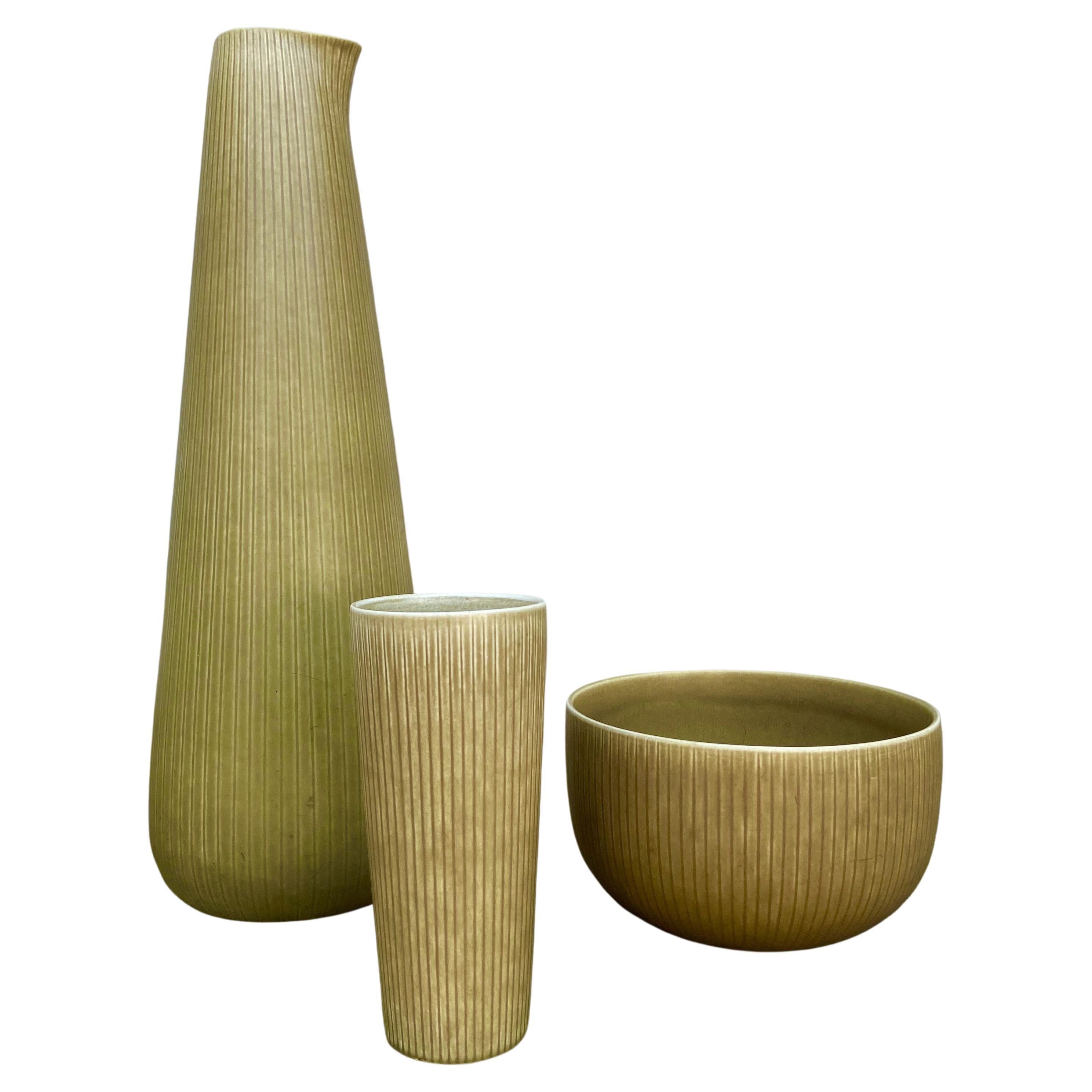 Satz von 3 Rörstrand Ritzi Keramik Vasen und Schale von Gunnar Nylund Schweden 1950er Jahre