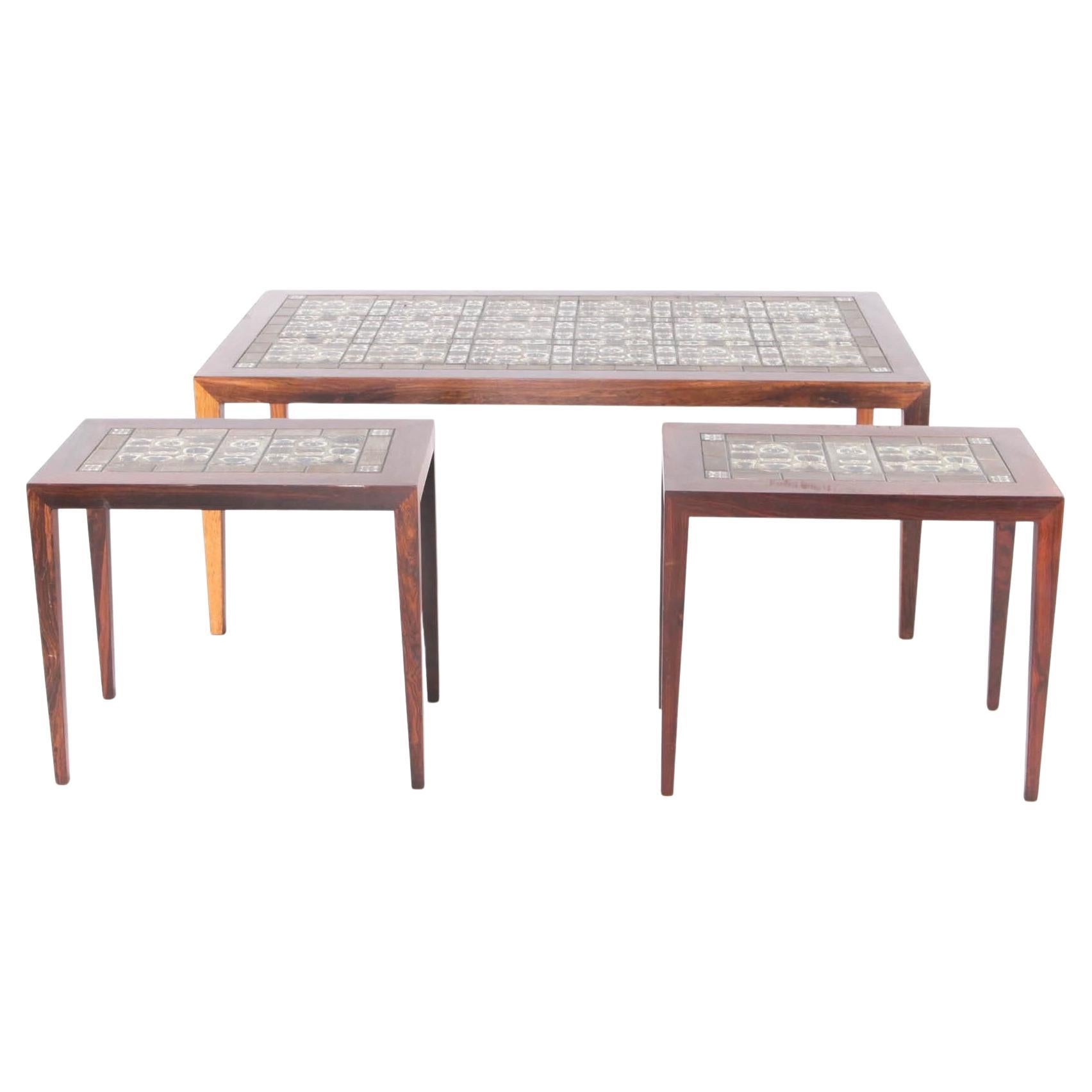 Set of 3 rosewood and ceramic low tables