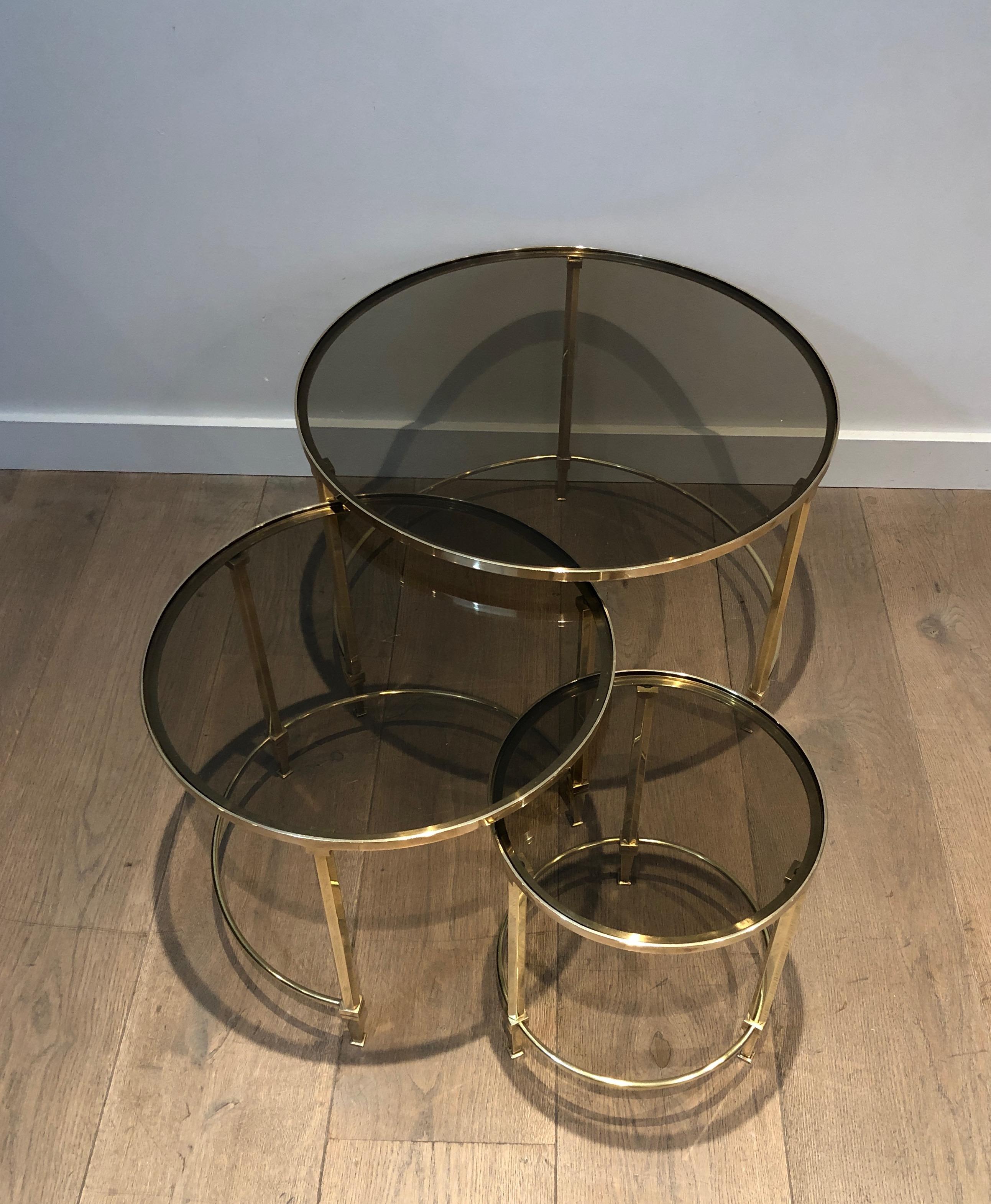 French Set of 3 Round Brass Nesting Tables by Maison Ramsay For Sale