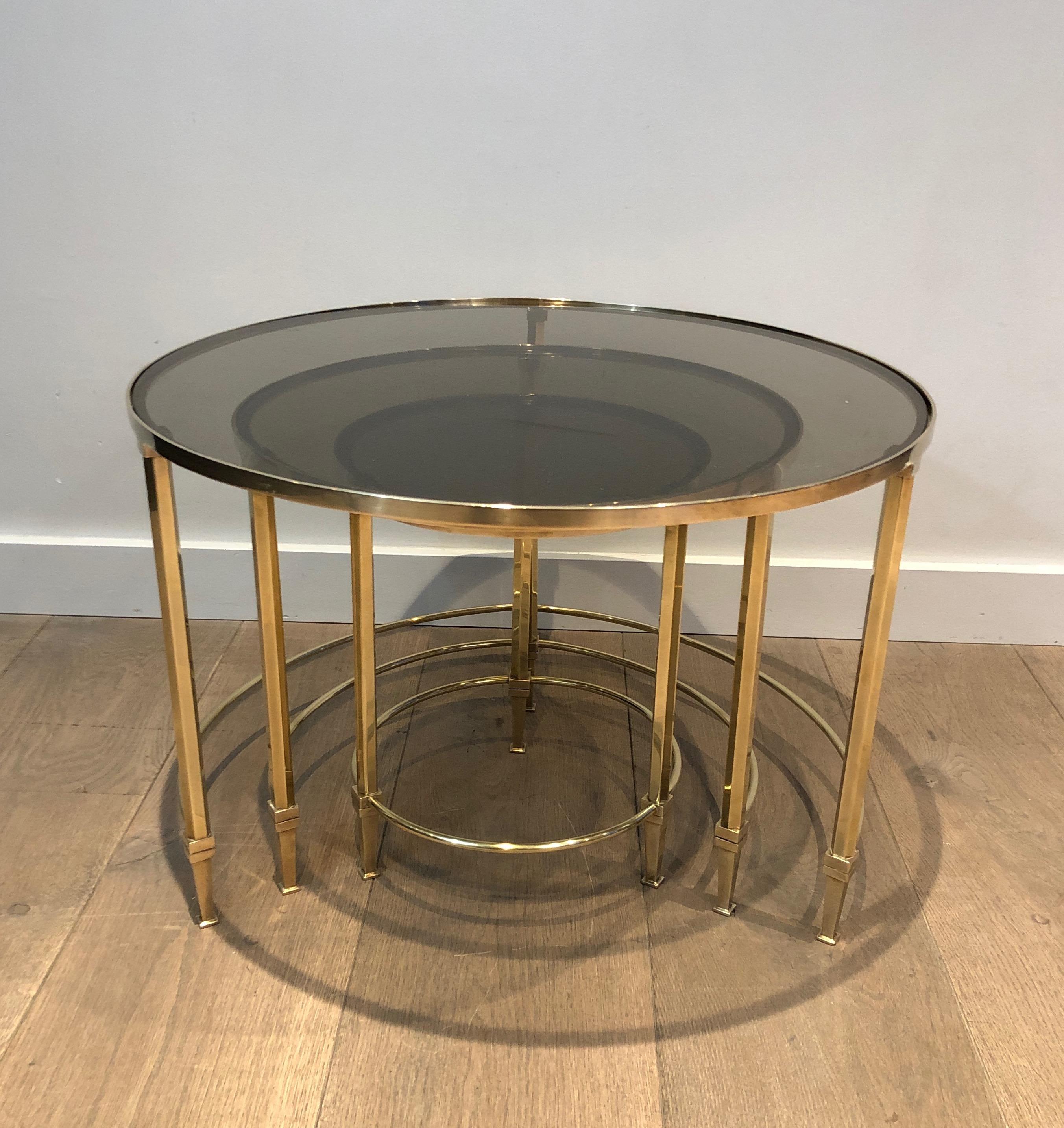 Mid-20th Century Set of 3 Round Brass Nesting Tables by Maison Ramsay For Sale