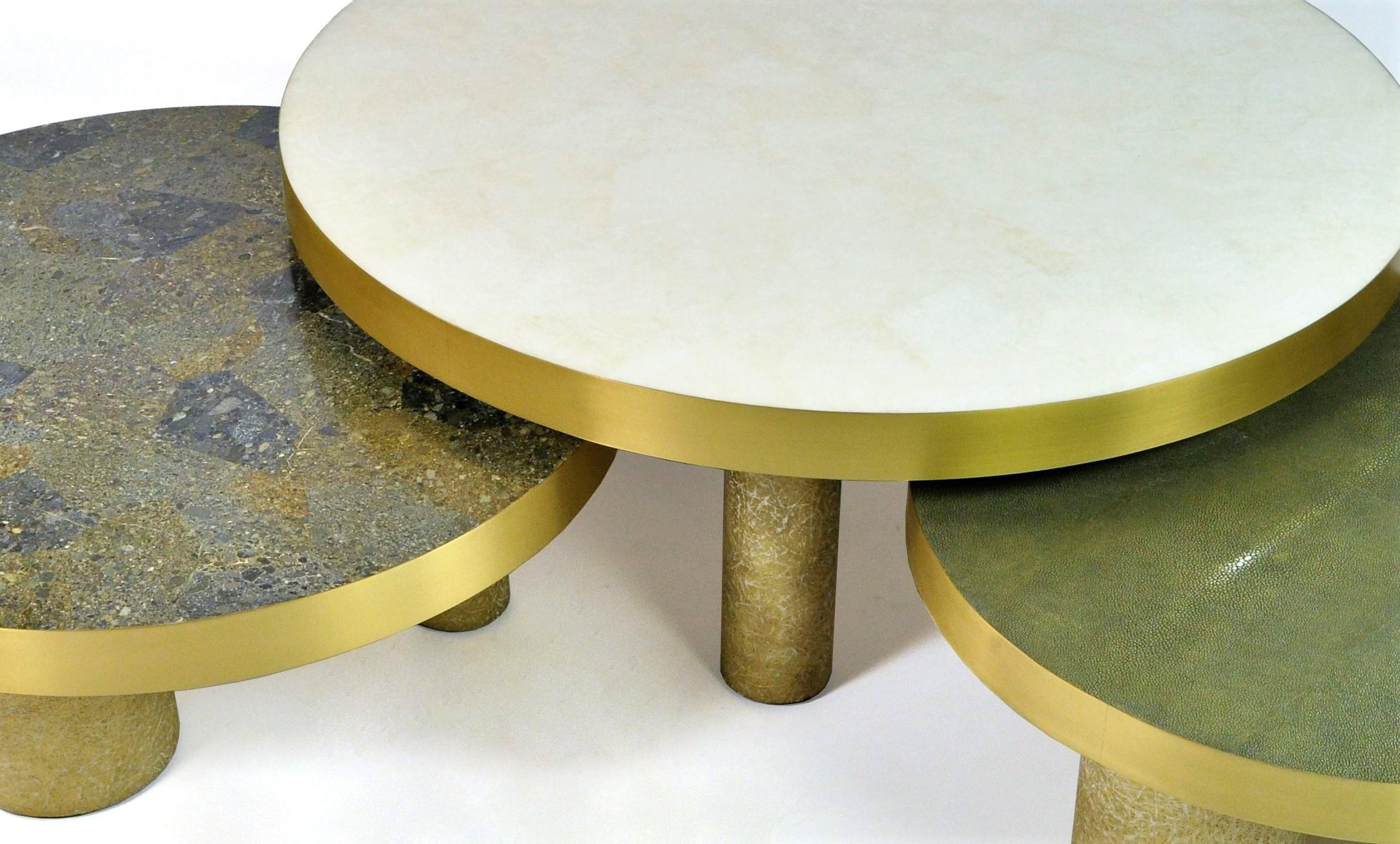 Modern Set of 3 Round Coffee Tables in Rock Crystal, Shagreen and Stone by Ginger Brown For Sale