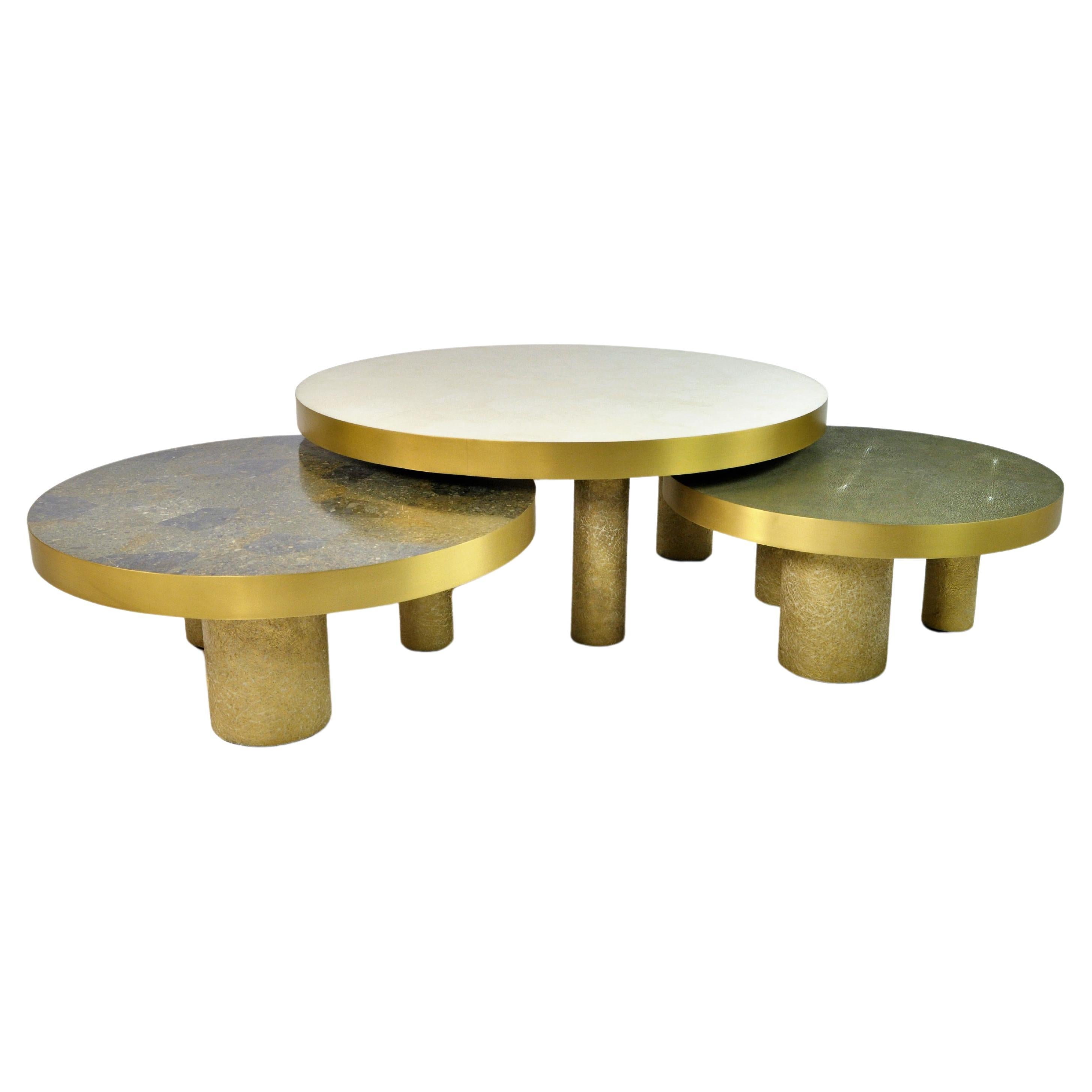 Set of 3 Round Coffee Tables in Rock Crystal, Shagreen and Stone by Ginger Brown For Sale