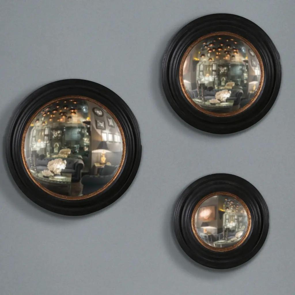Gilt Set of 3 Round Convex Witch Mirrors, 19th-Century Flemish Style For Sale