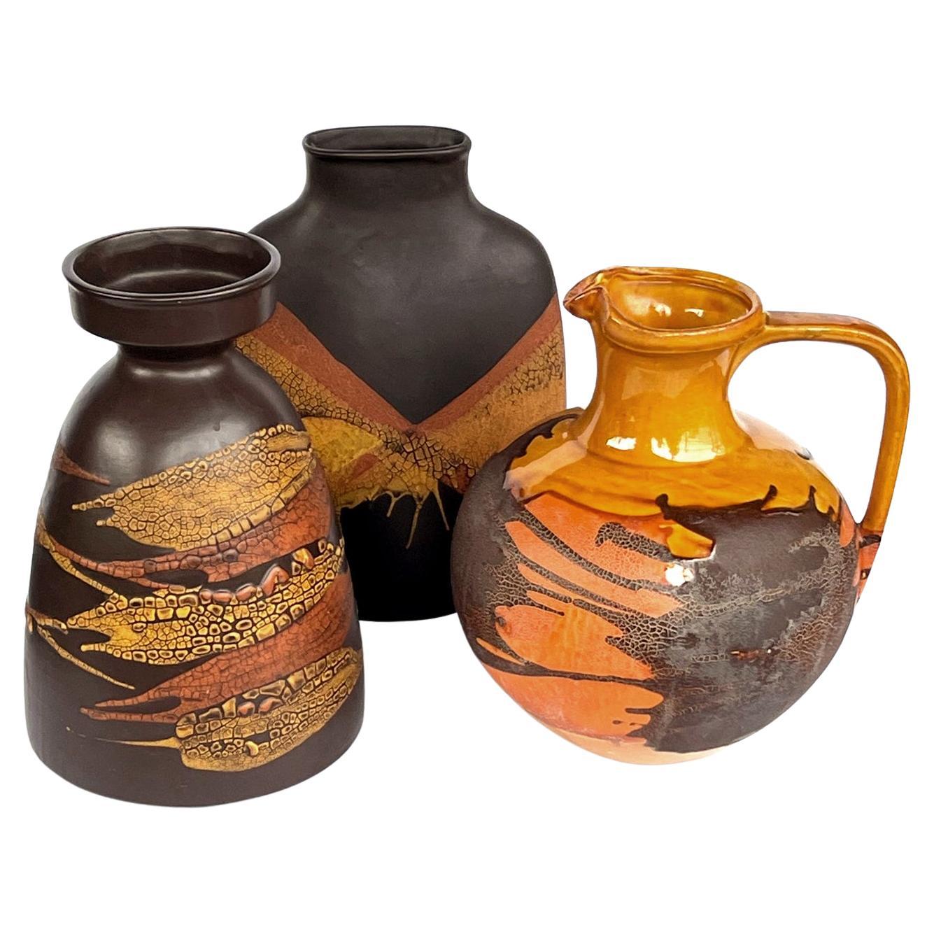 Set of 3 Royal Haeger Pottery Vessels with Brown, Ochre and Orange Glaze For Sale