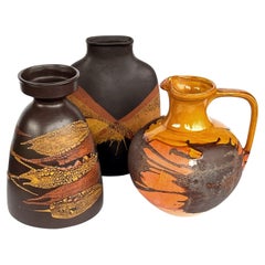 Retro Set of 3 Royal Haeger Pottery Vessels with Brown, Ochre and Orange Glaze