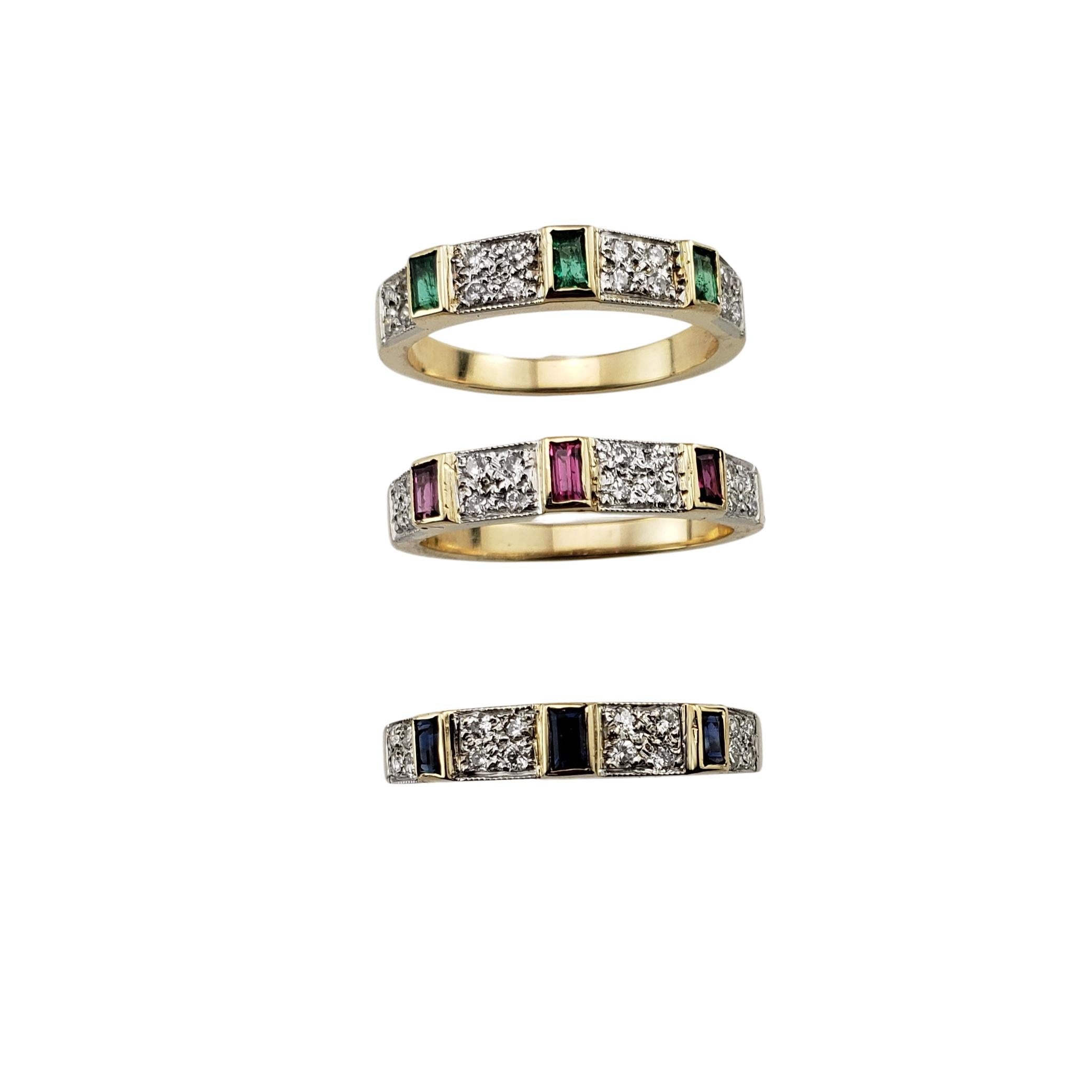 Set of 3 Ruby/Emerald/Sapphire and Diamond Band Rings Size 6.25-

This lovely set of matching rings each feature three gemstones; (sapphires, emeralds and rubies) and 16 round brilliant cut diamonds set in classic 14K yellow gold.  Width of each