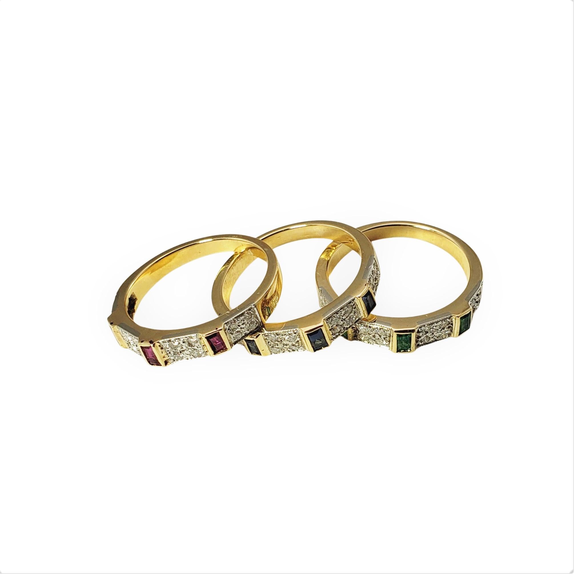 Brilliant Cut Set of 3 Ruby /Sapphire / Emerald and Diamond Band Rings