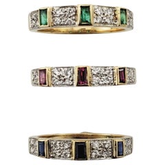 Set of 3 Ruby /Sapphire / Emerald and Diamond Band Rings