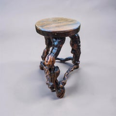 set of 3 rustic grapevine and oak stools, France 1960s