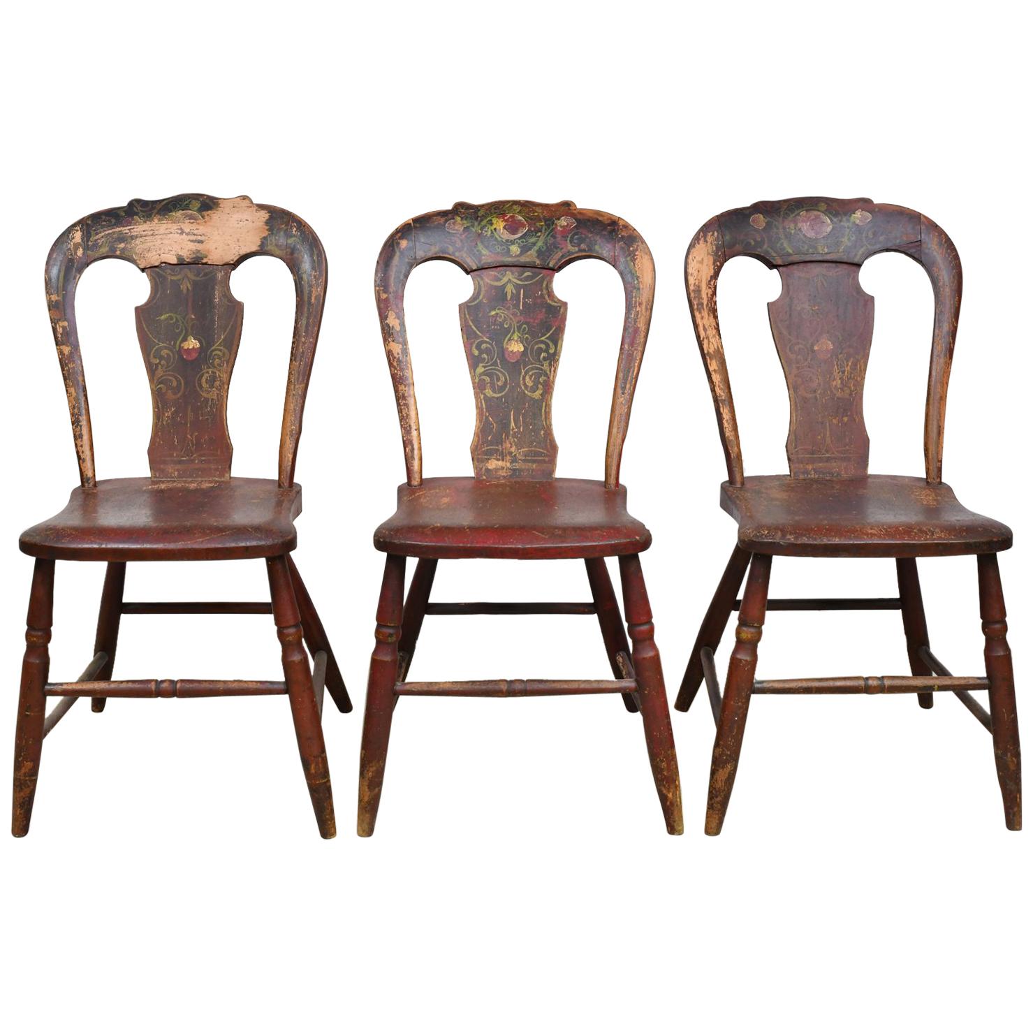 Set of 3 Authentic Plank Chairs with Red/Brown Paint, Pennsylvania, circa 1840