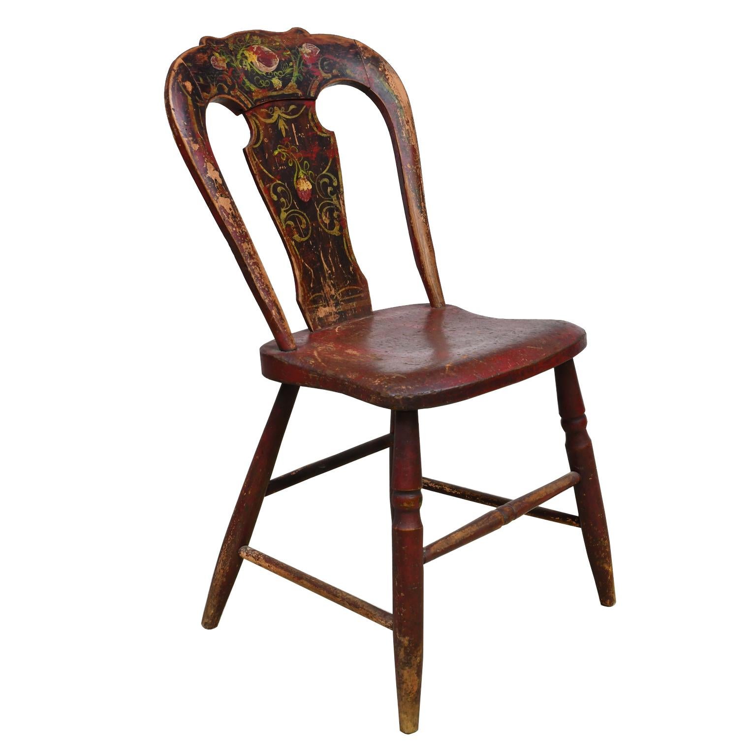 Set of 3 Authentic Plank Chairs with Red/Brown Paint, Pennsylvania, circa 1840 3