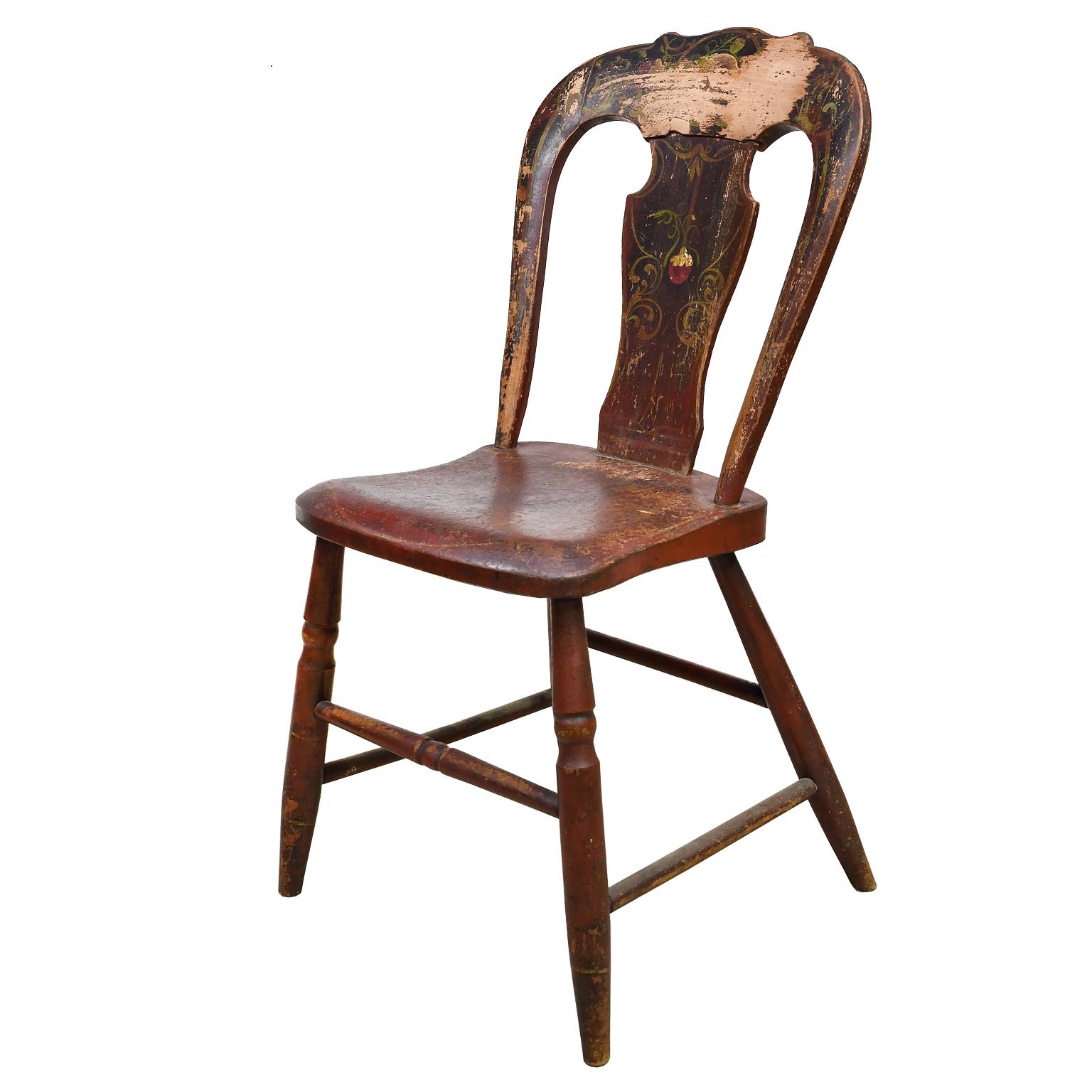 Set of 3 Authentic Plank Chairs with Red/Brown Paint, Pennsylvania, circa 1840 5