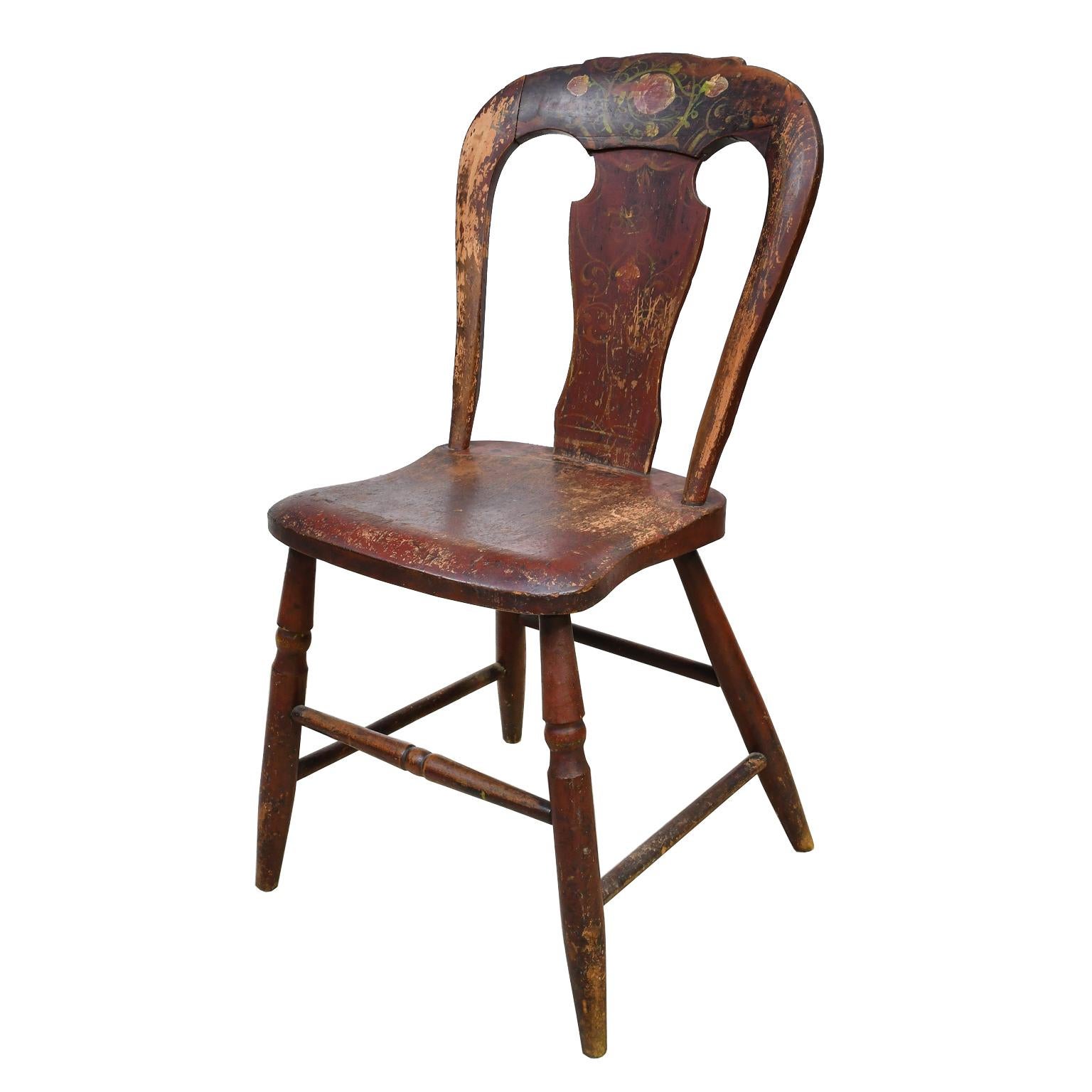 Set of 3 Authentic Plank Chairs with Red/Brown Paint, Pennsylvania, circa 1840 8