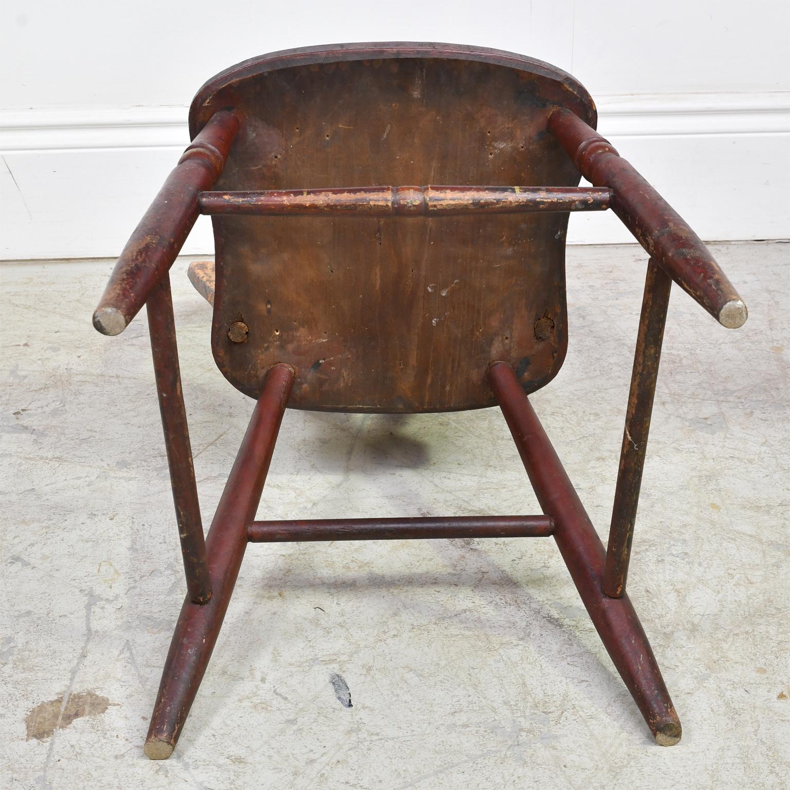 Set of 3 Authentic Plank Chairs with Red/Brown Paint, Pennsylvania, circa 1840 12