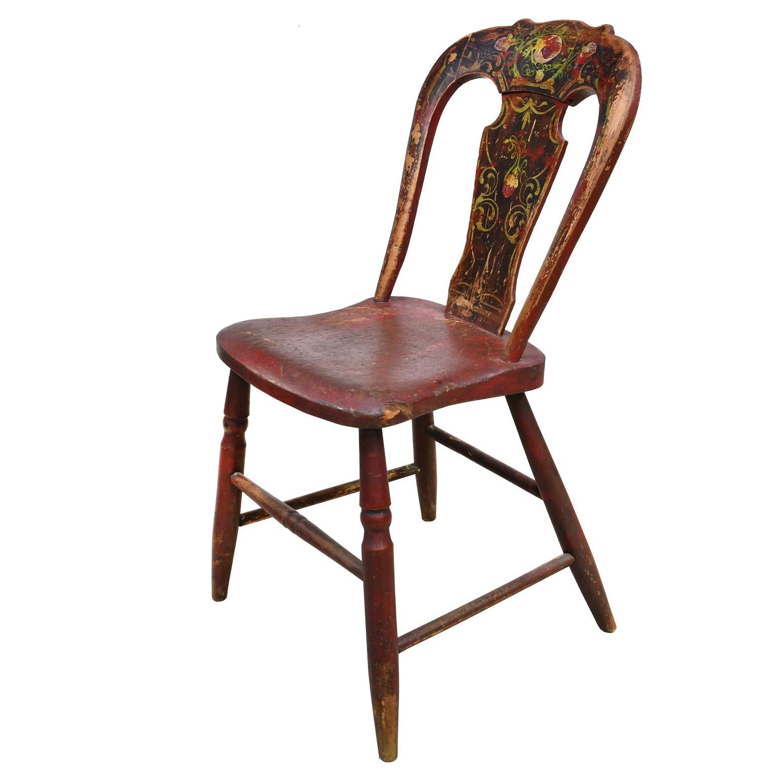 Wood Set of 3 Authentic Plank Chairs with Red/Brown Paint, Pennsylvania, circa 1840