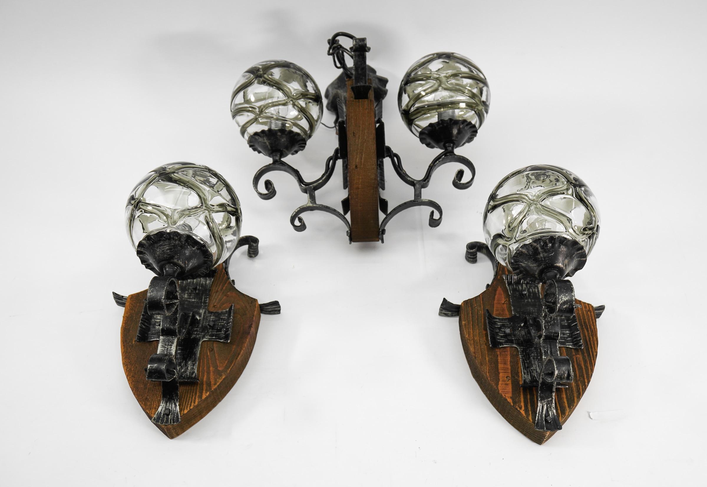 Set of 3 Rustic Wall and Hanging Lamps in Wood, Iron Murano Glass, 1960s Italy For Sale 9