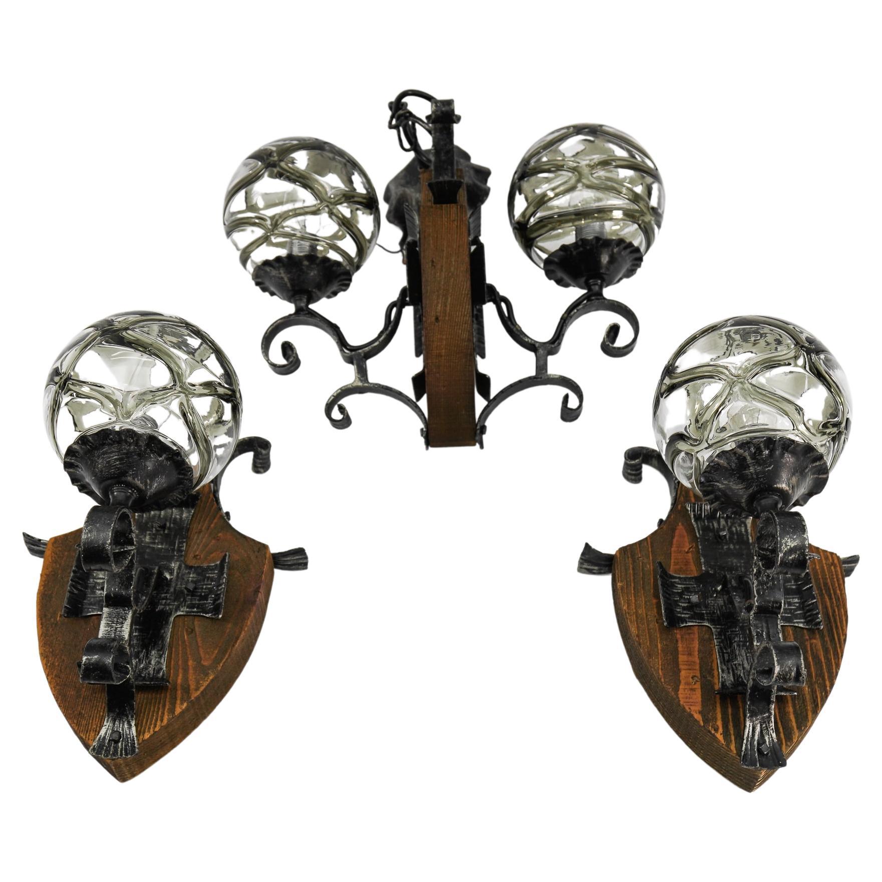 Set of 3 Rustic Wall and Hanging Lamps in Wood, Iron Murano Glass, 1960s Italy