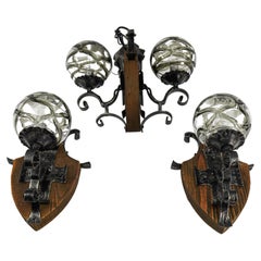 Set of 3 Rustic Wall and Hanging Lamps in Wood, Iron Murano Glass, 1960s Italy