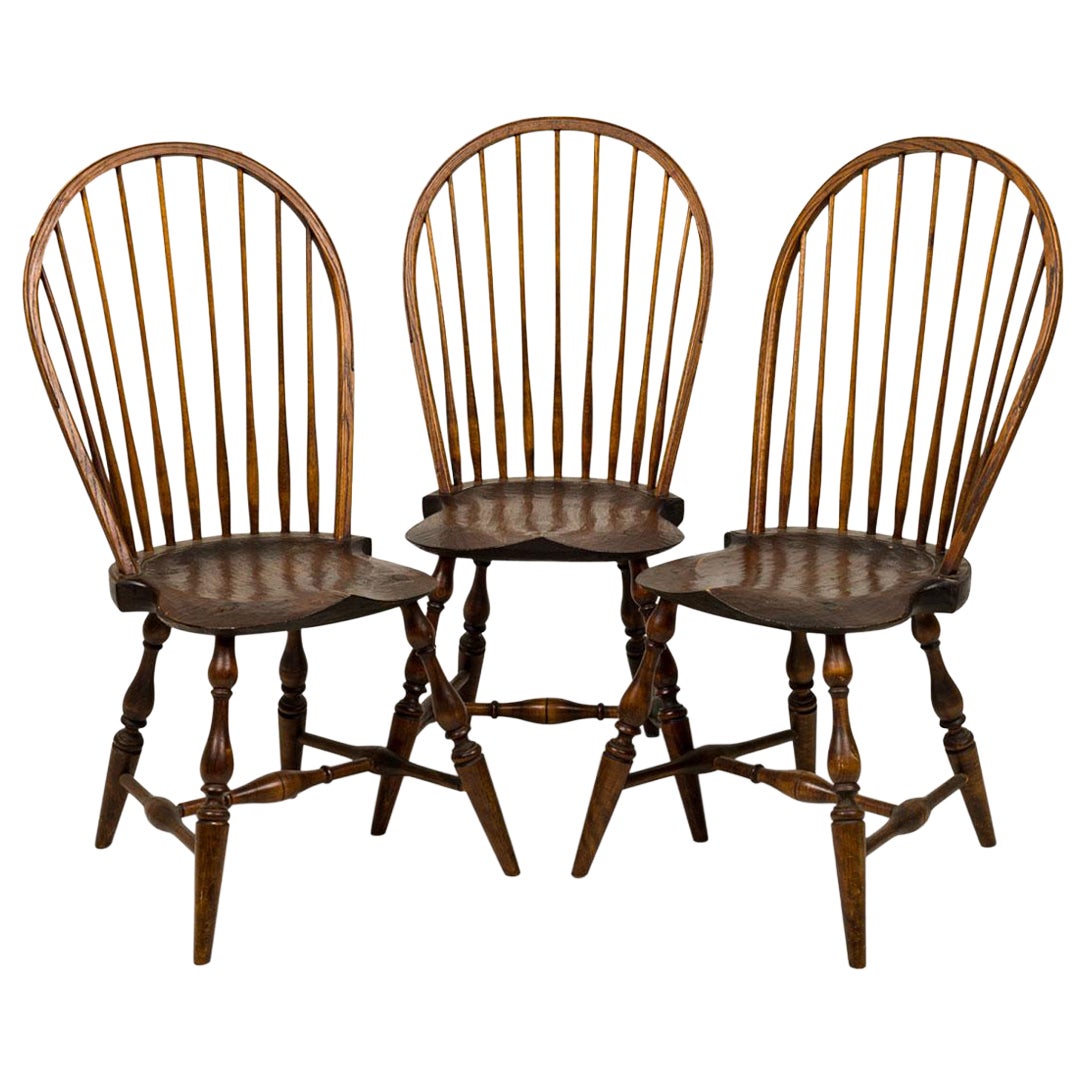 Set of 3 Rustic Windsor Back Carved Oak Side Chairs For Sale