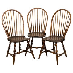 Set of 3 Rustic Windsor Back Carved Oak Side Chairs