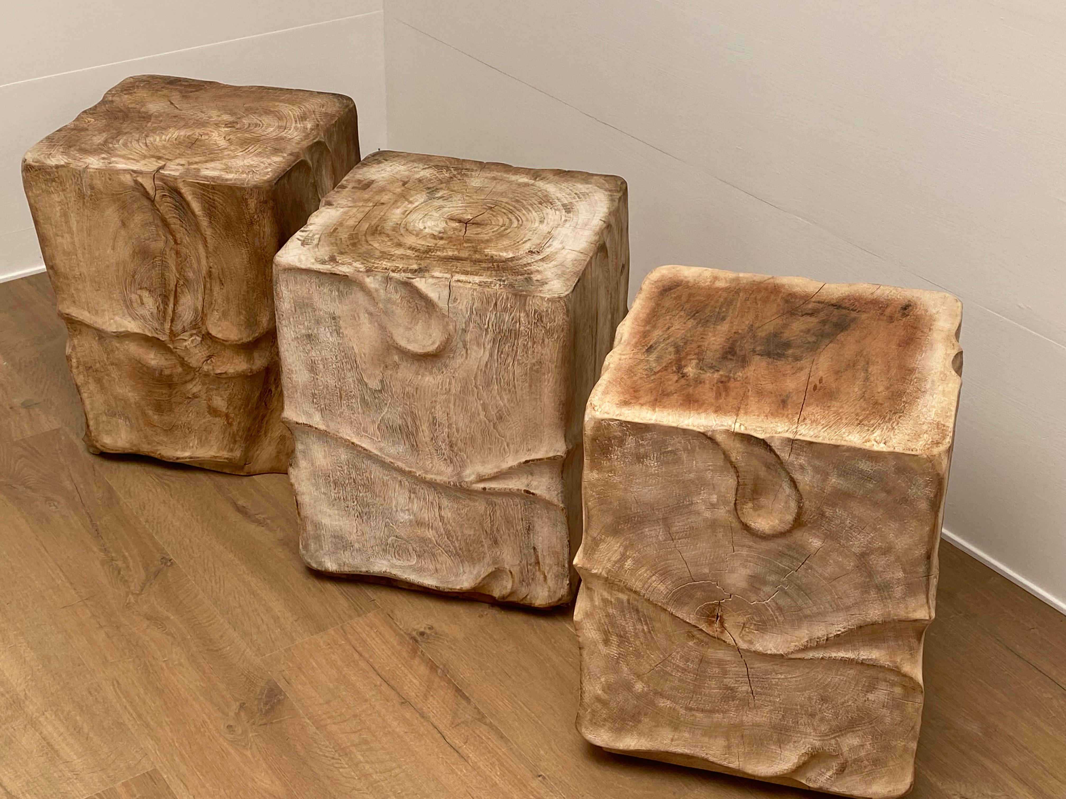 Patinated  Set of 3 Rustic, Solid Wooden Blocks For Sale
