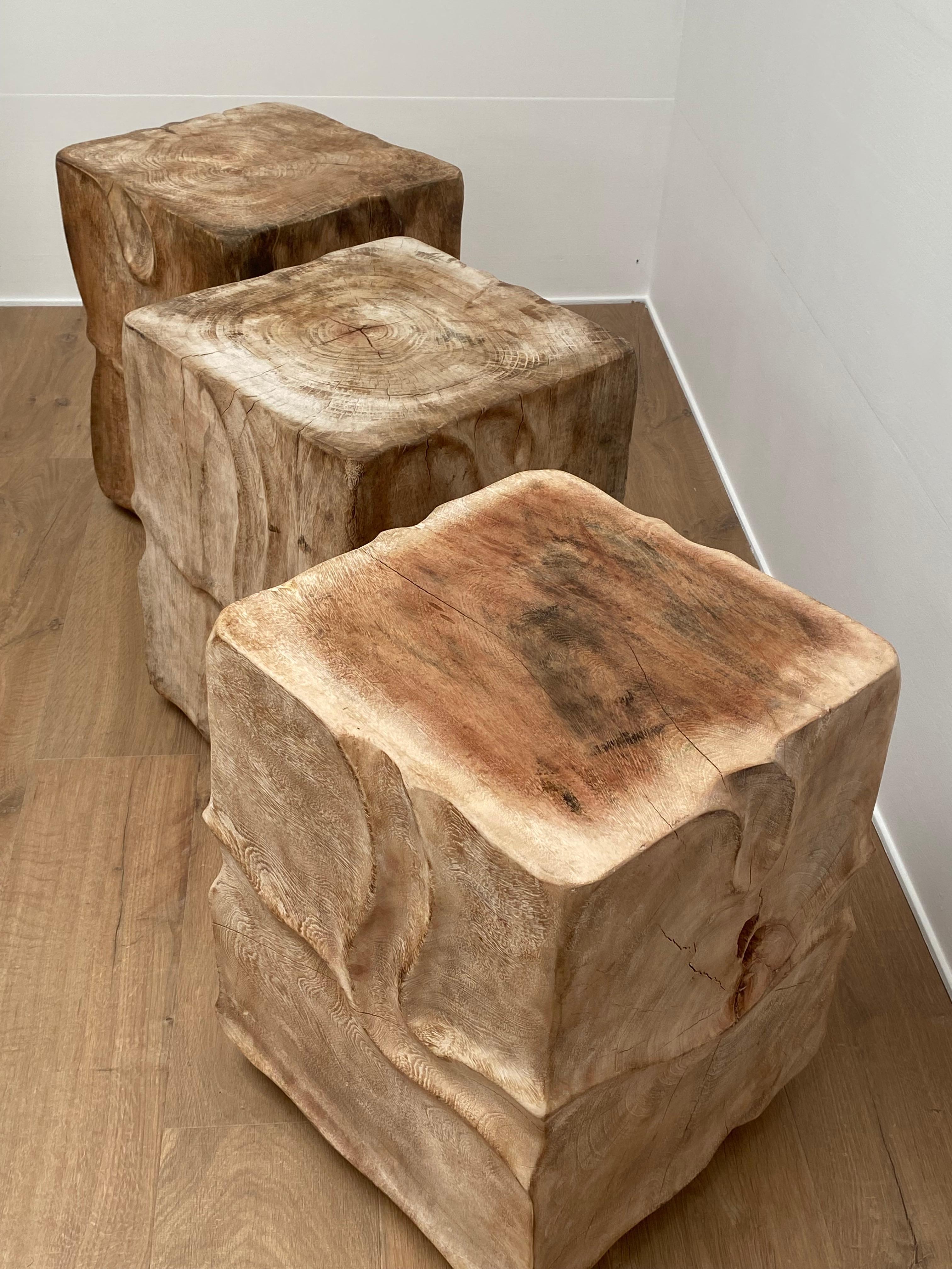 Fruitwood  Set of 3 Rustic, Solid Wooden Blocks For Sale
