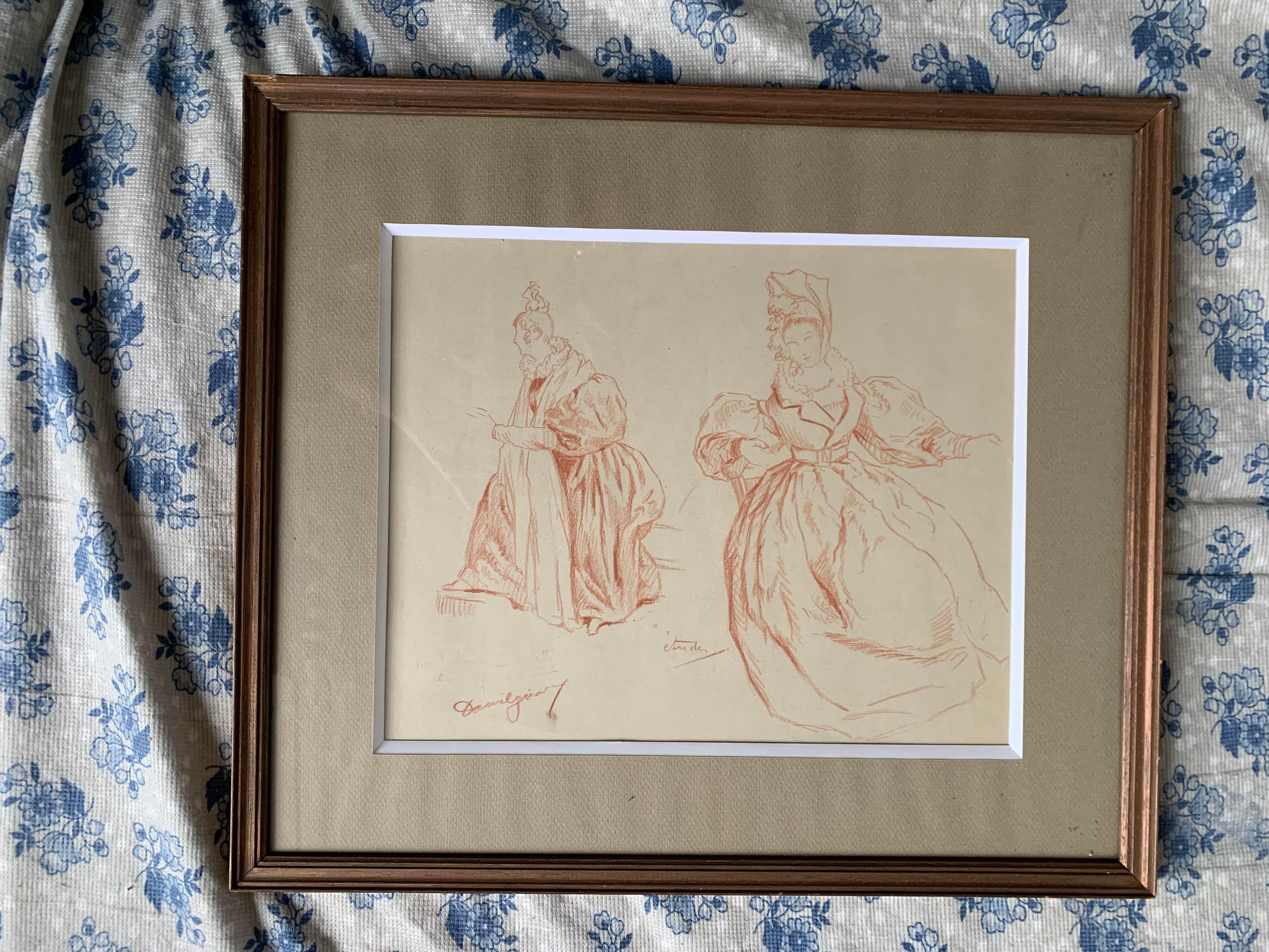 Charming set of three mid 20th century red chalk drawings. The first is a study of two women, the one on the left is in profile ¾ turned, sitting in a chair, wearing a long dress with a bun. The one on the right is also seated in profile facing