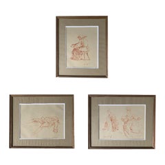 Vintage Set of 3 Sanguine Drawings 20th Century