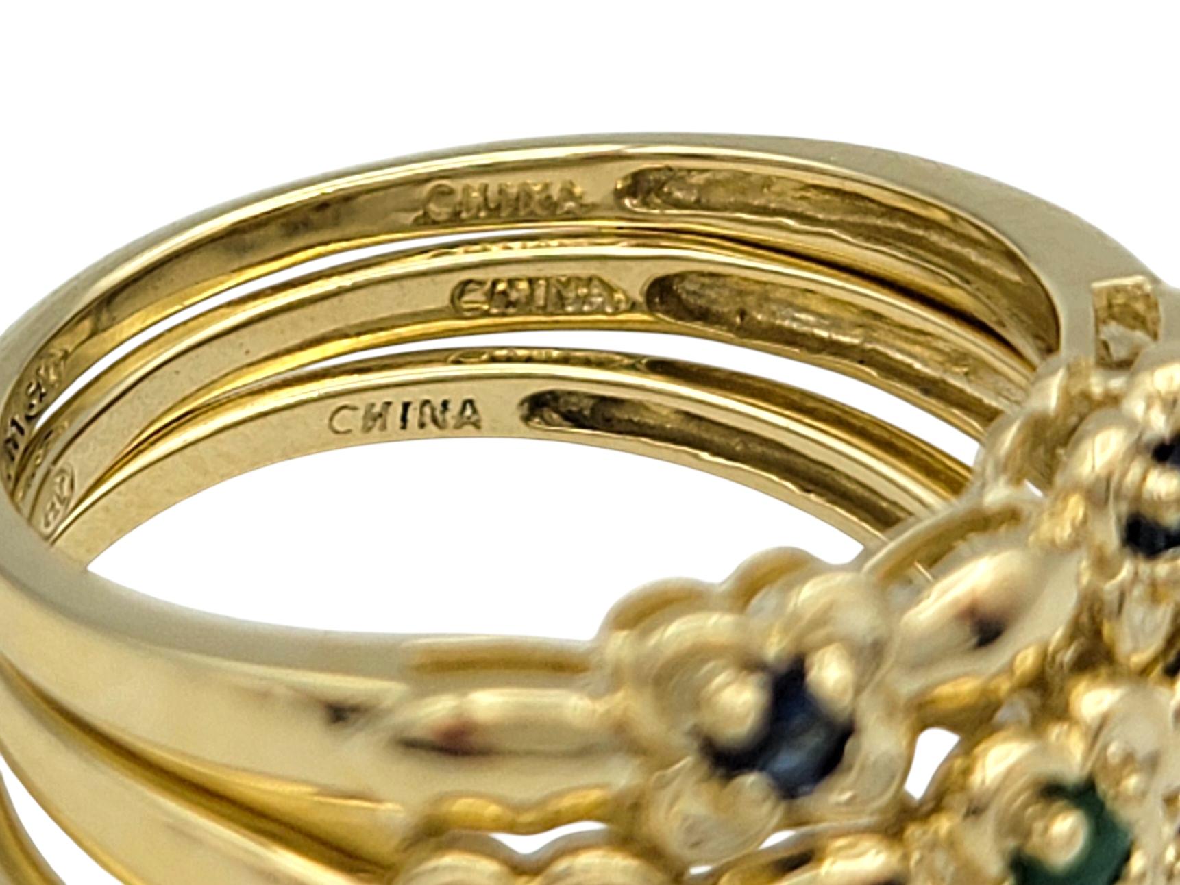 Set von 3 Saphir-, Smaragd- und Rubin-Blumen-Stapelringen aus 14 Karat Gelbgold im Angebot 2