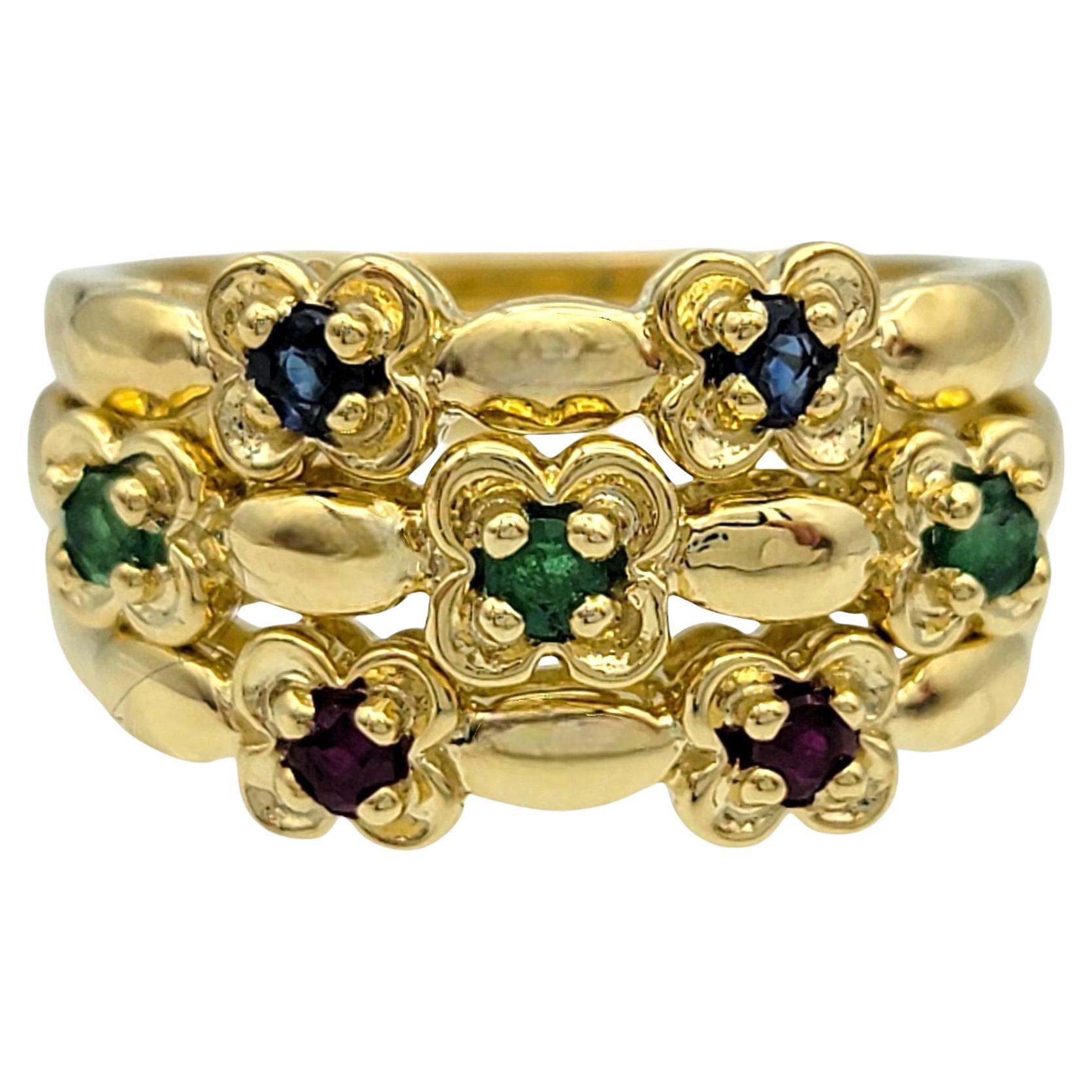 Set of 3 Sapphire, Emerald & Ruby Flower Stacking Rings in 14 Karat Yellow Gold