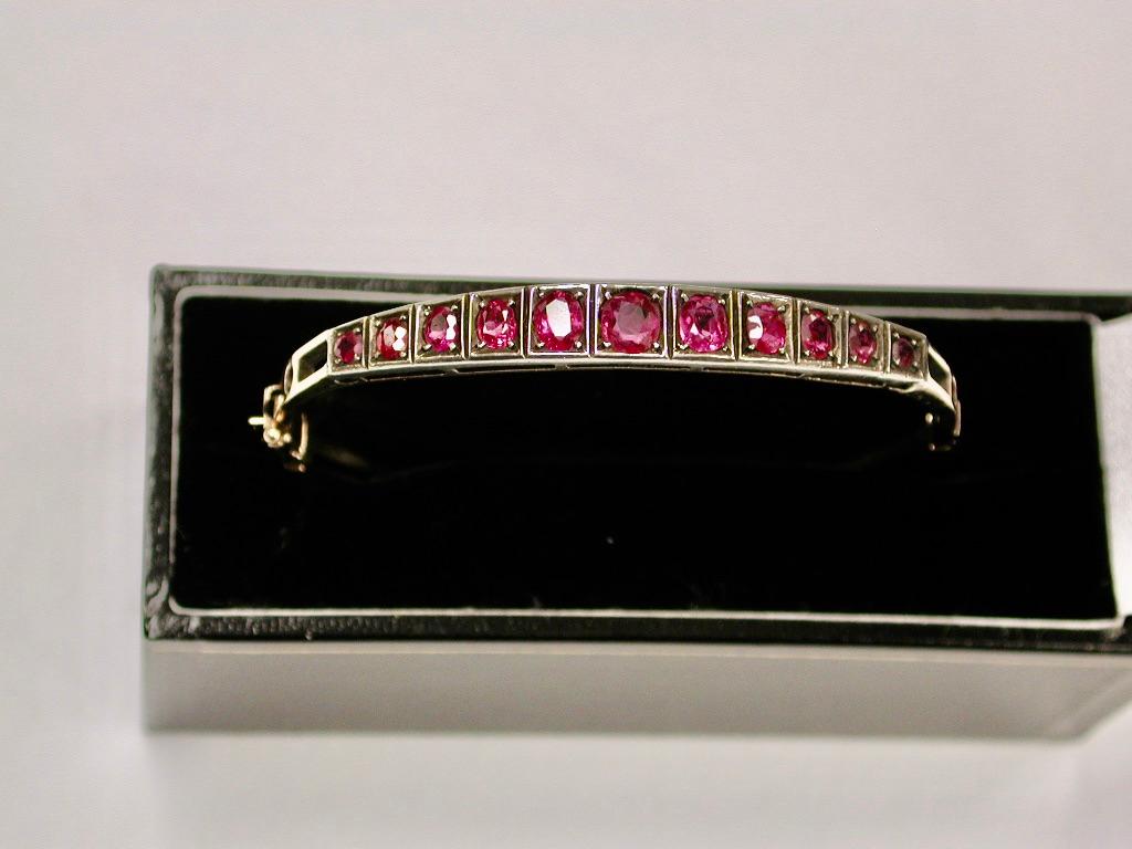 Mixed Cut Set of 3 Sapphire, Ruby, & Emerald Set 14 Ct Gold Bangles, Dated circa 1940's