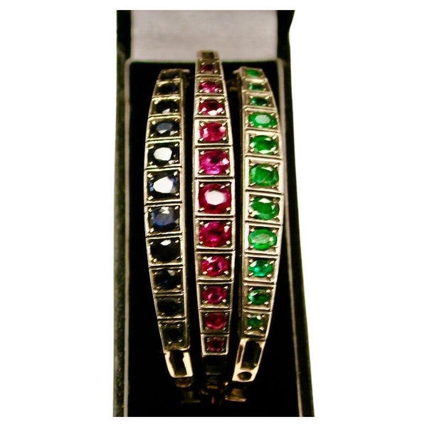 Set of 3 Sapphire, Ruby, & Emerald Set 14 Ct Gold Bangles, Dated circa 1940's