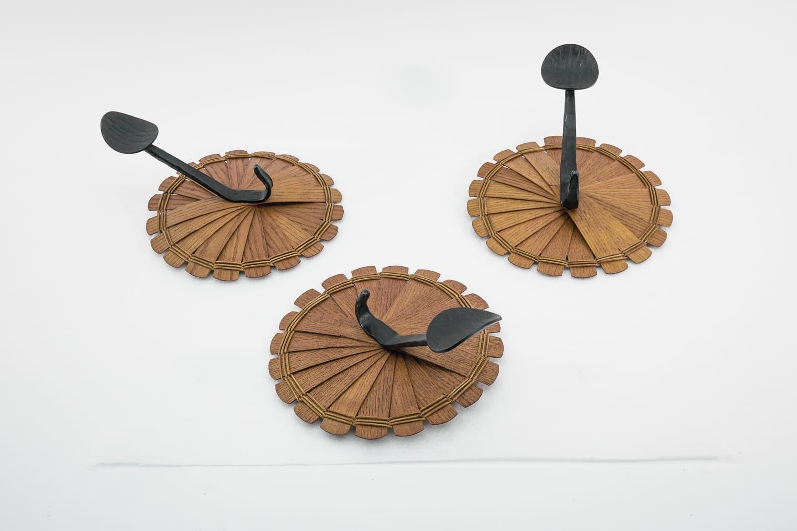 Mid-20th Century Set of 3 Scandinavian Coat Hooks in Wood, Wicker and Iron, 1960s For Sale