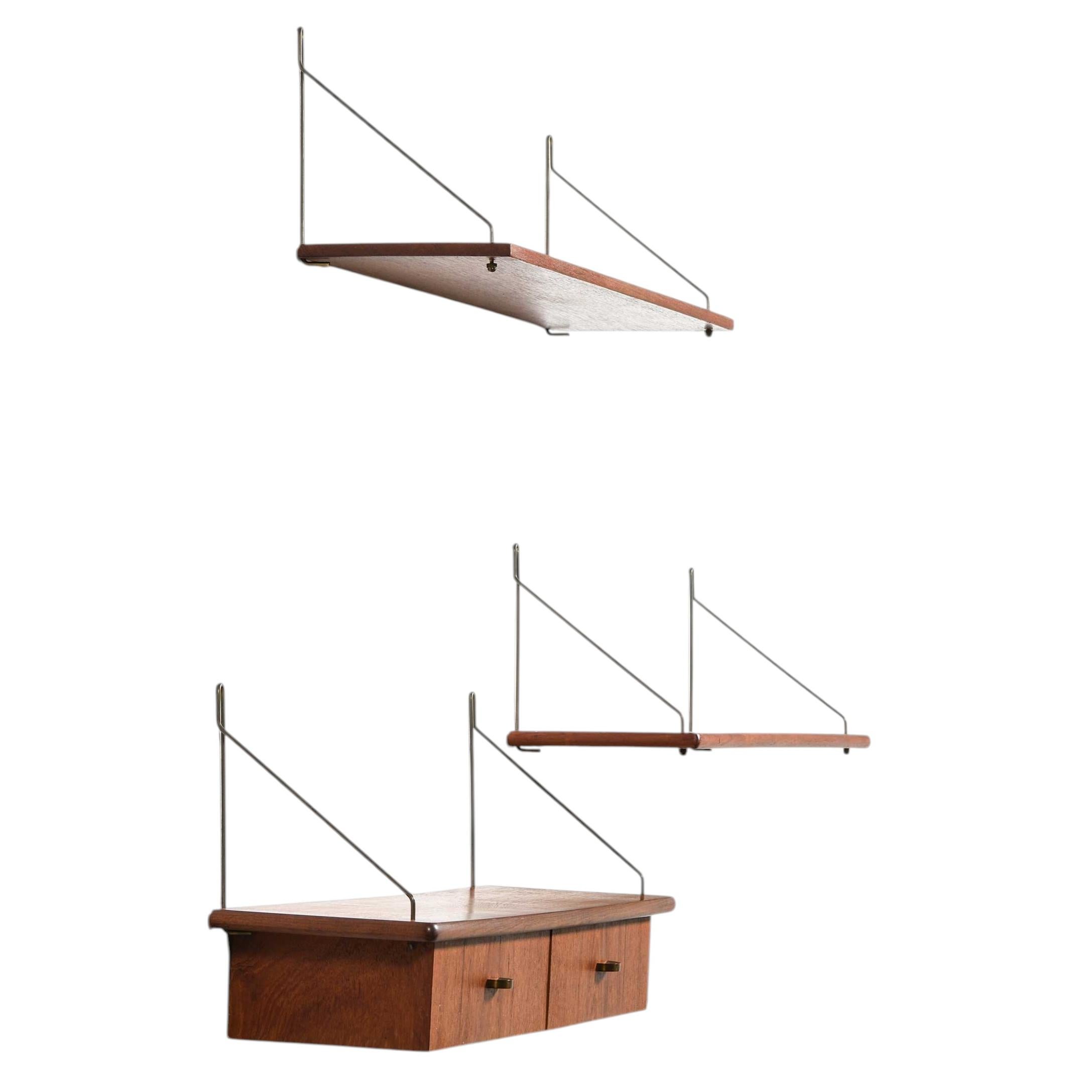 Set di 3 mensole da parete in stile scandinavo moderno, in ottone e teak, anni '50
