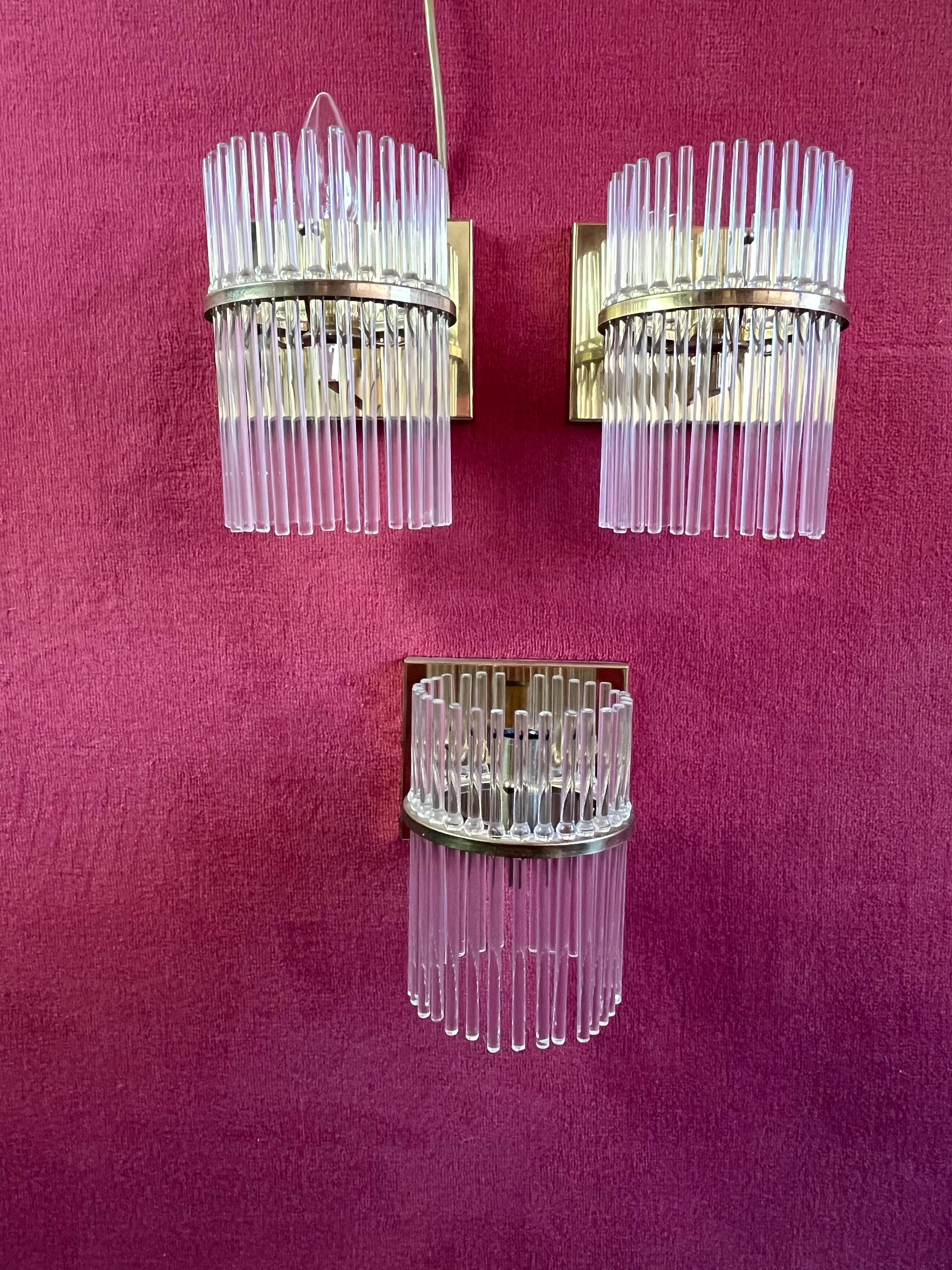 Set Of 3 Sciolari Brass and Murano Glass Wall Lamps Sconces  Mid-Century 1960s For Sale 5