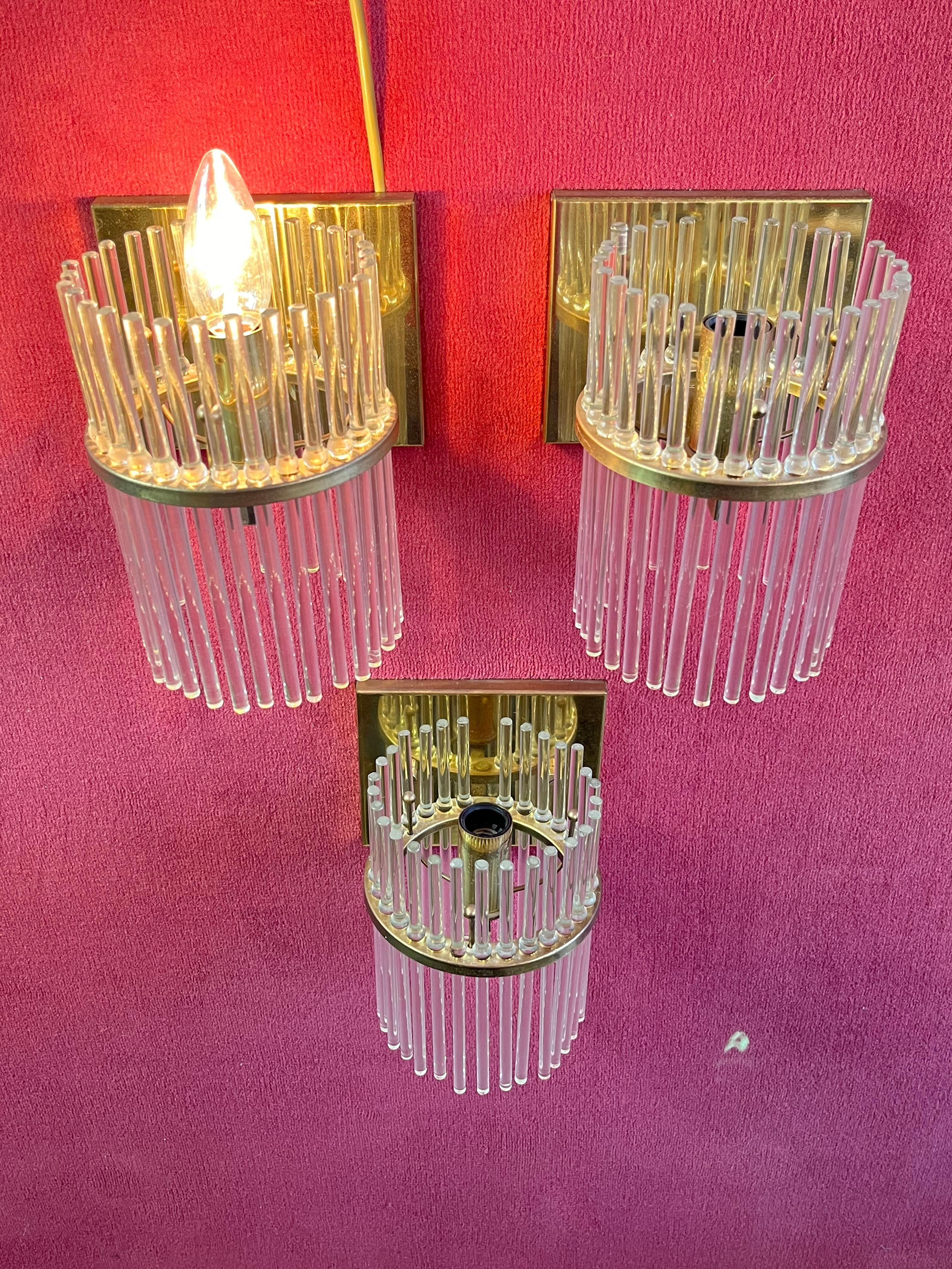 Set Of 3 Sciolari Brass and Murano Glass Wall Lamps Sconces  Mid-Century 1960s For Sale 3