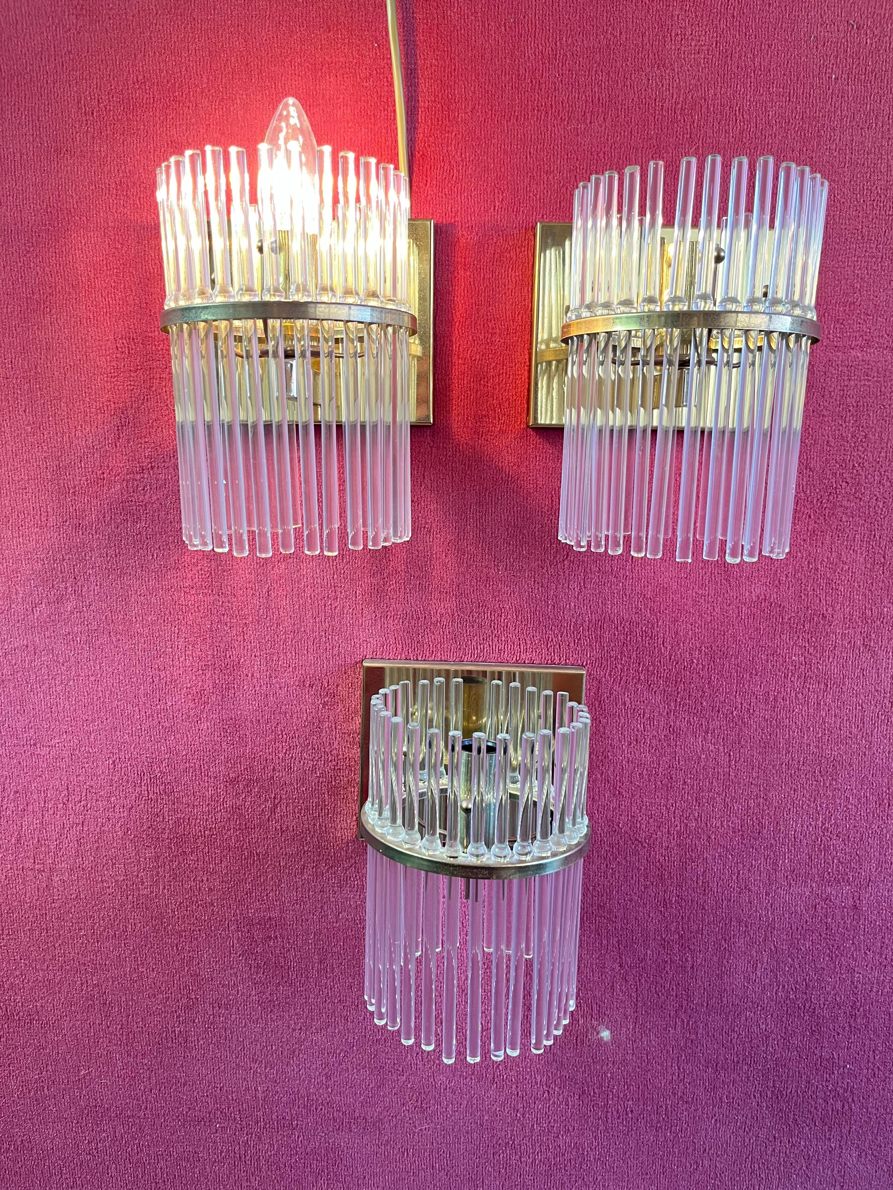 Set Of 3 Sciolari Brass and Murano Glass Wall Lamps Sconces  Mid-Century 1960s For Sale 4