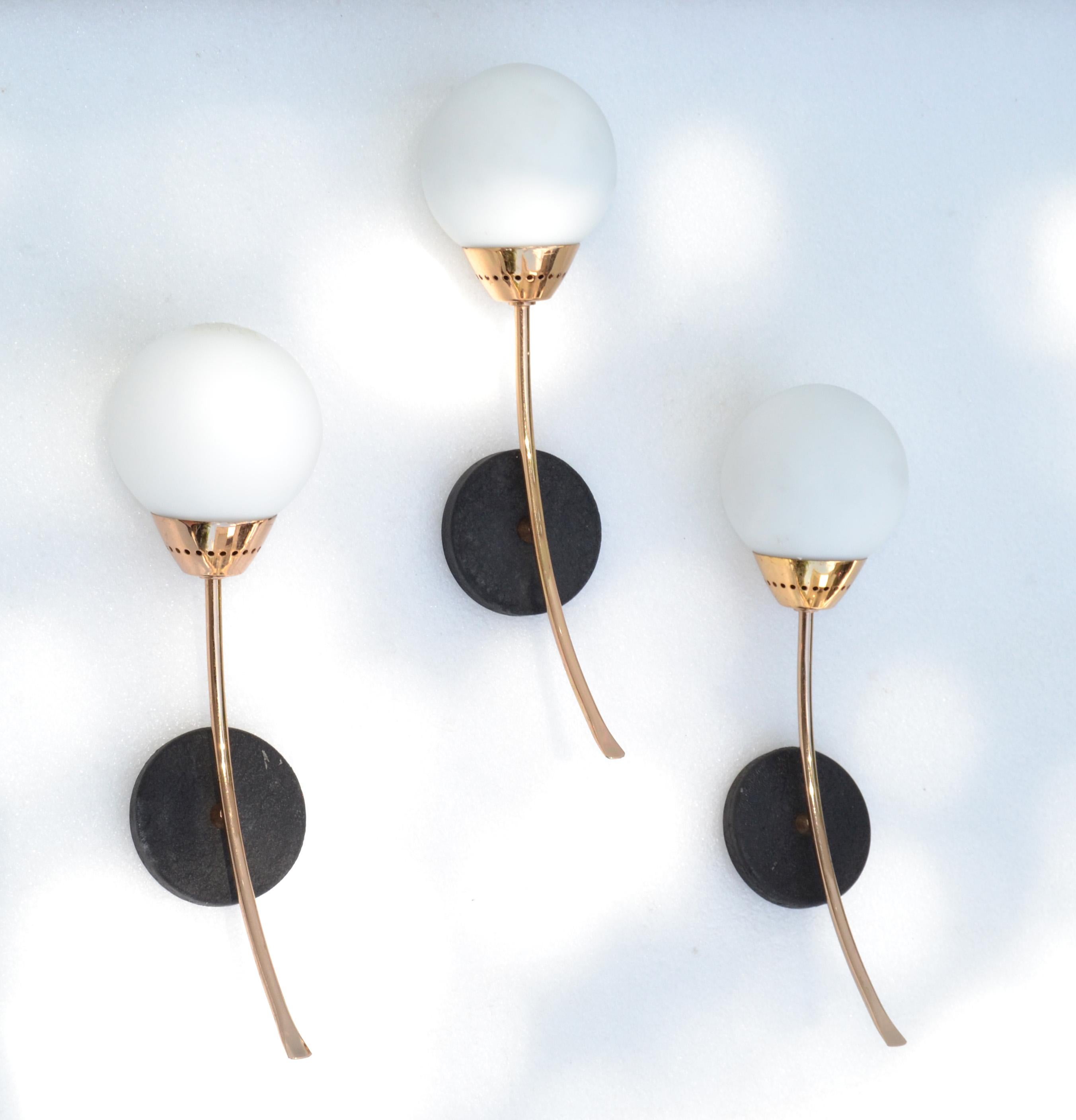 Set of 3 Sconces Style of Stilnovo Brass & Round Blown Opaline Shade France 1960 For Sale 3