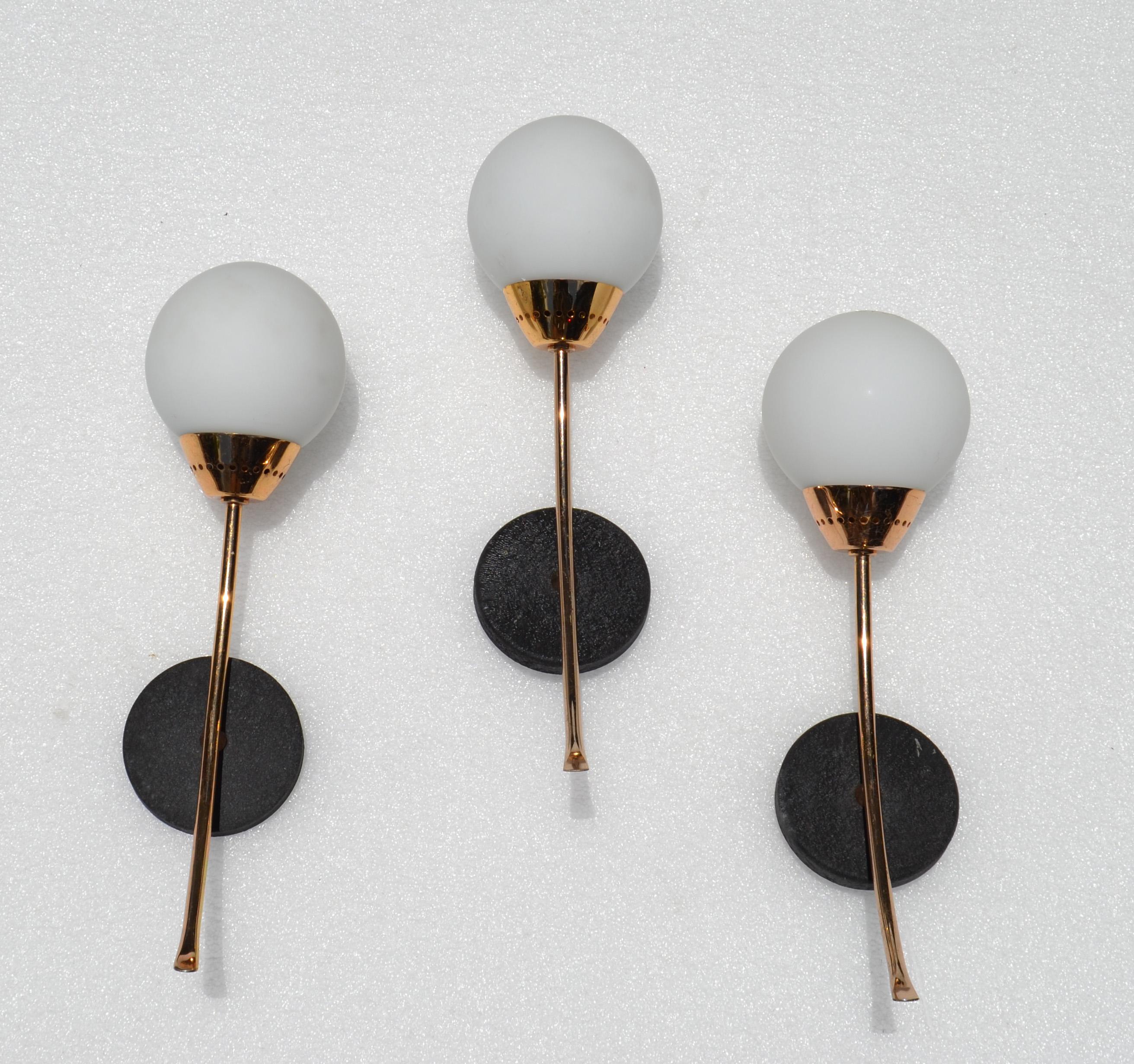 Set of 3 Sconces Style of Stilnovo Brass & Round Blown Opaline Shade France 1960 For Sale 4