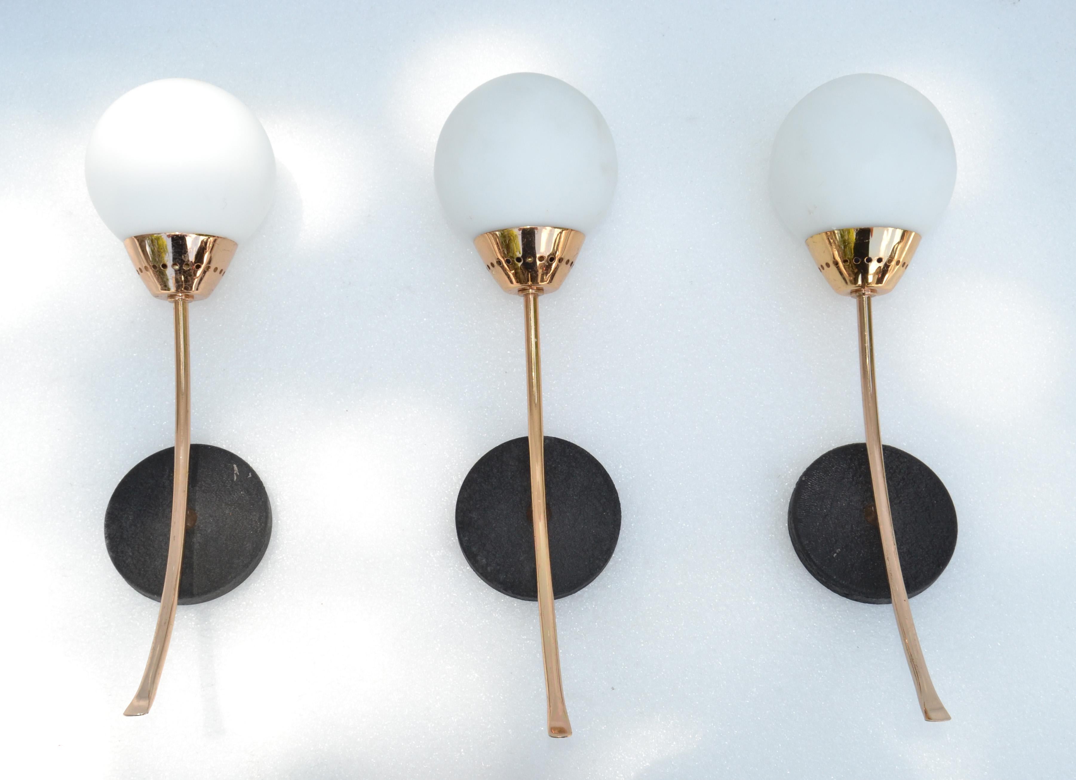 Set of 3 Sconces Style of Stilnovo Brass & Round Blown Opaline Shade France 1960 For Sale 8