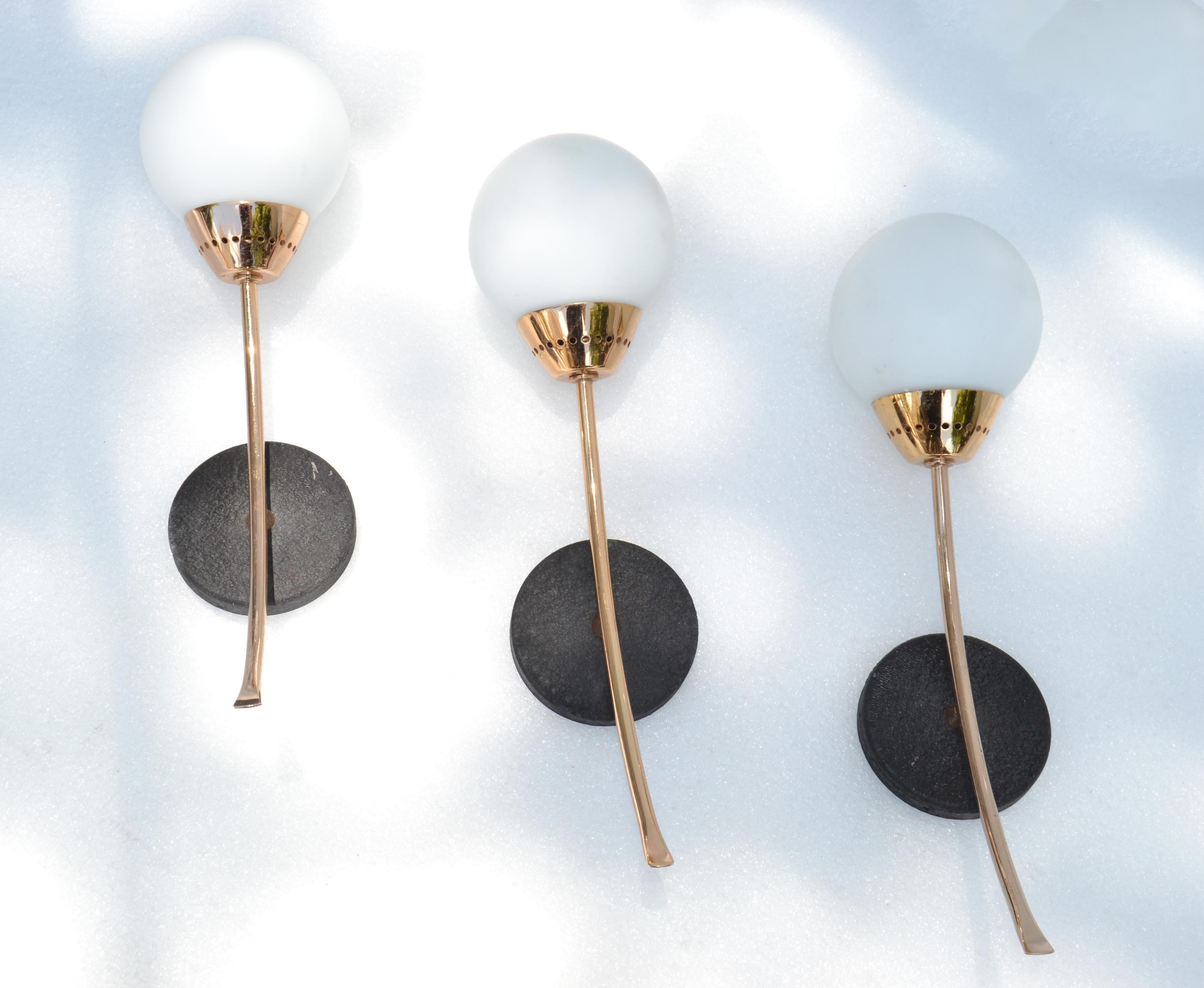 Set of 3 Sconces Style of Stilnovo Brass & Round Blown Opaline Shade France 1960 In Good Condition For Sale In Miami, FL