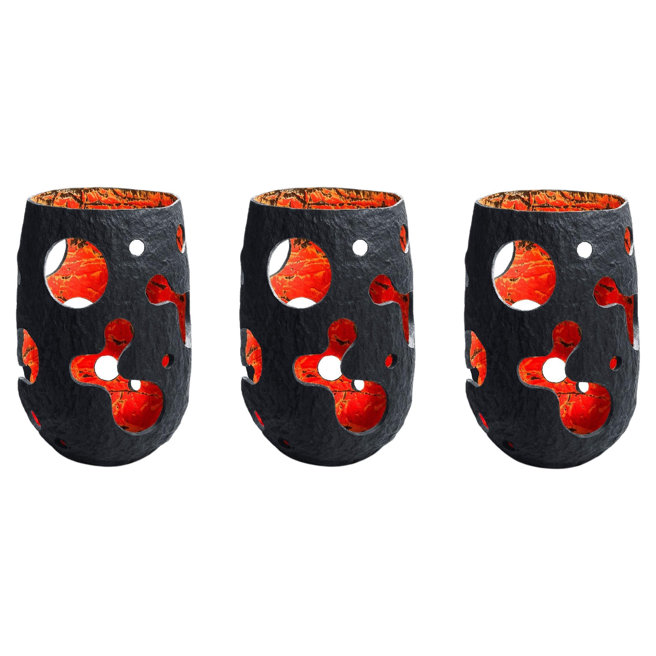 Set Of 3 Sculptural Black Lantern Vases by Donatas Zukauskas
