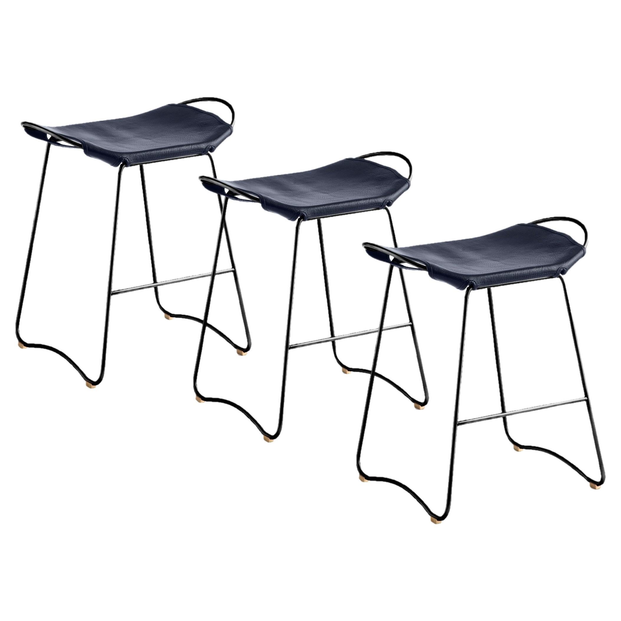 Set of 3 Sculptural Contemporary Bar Stool Black Smoke Steel & Navy Blue Leather For Sale