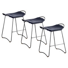 Set of 3 Sculptural Contemporary Bar Stool Black Smoke Steel & Navy Blue Leather