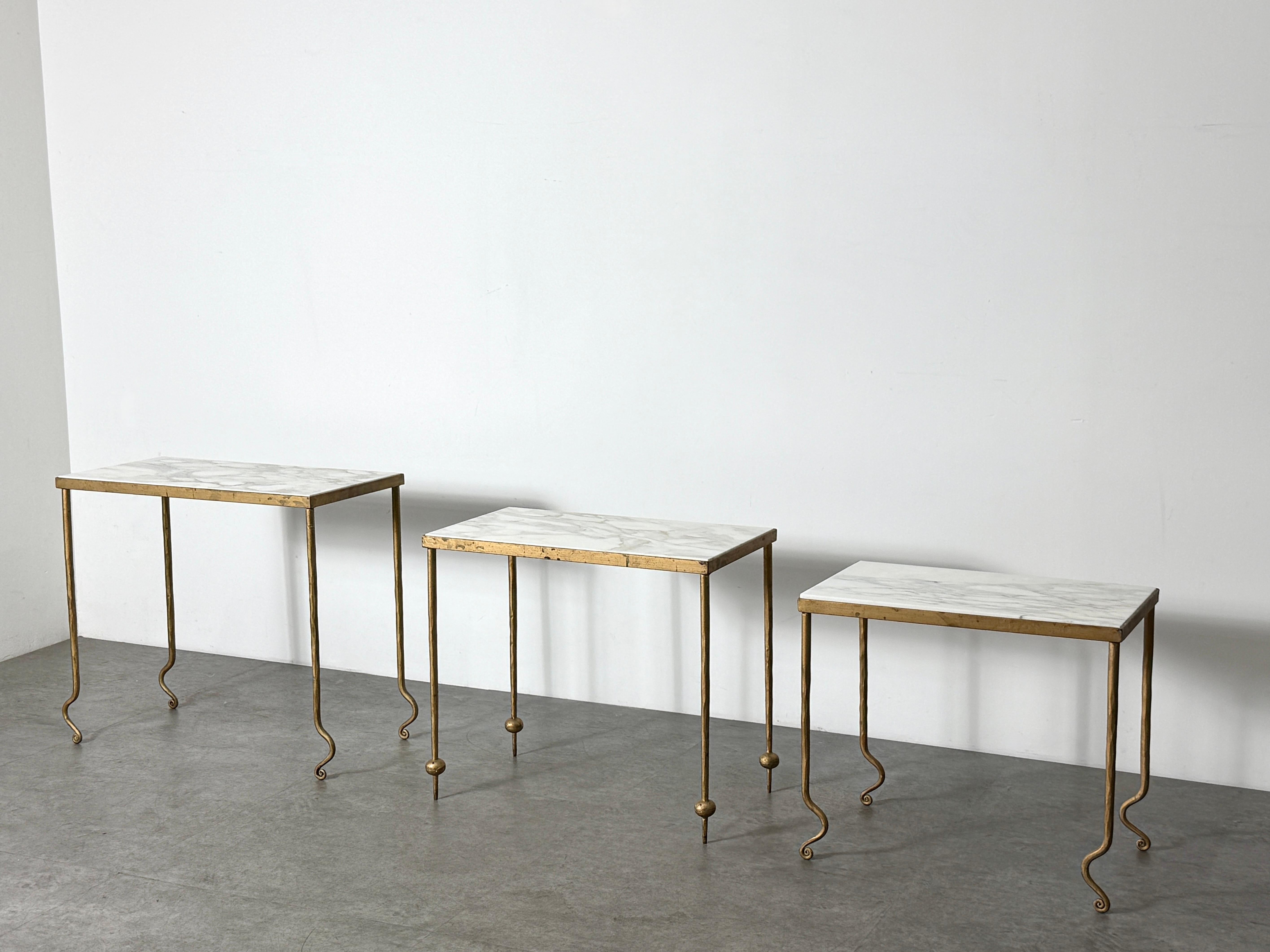 Set of 3 Sculptural Gilt Marble Nesting Tables Style of René Drouet France 1940s For Sale 3
